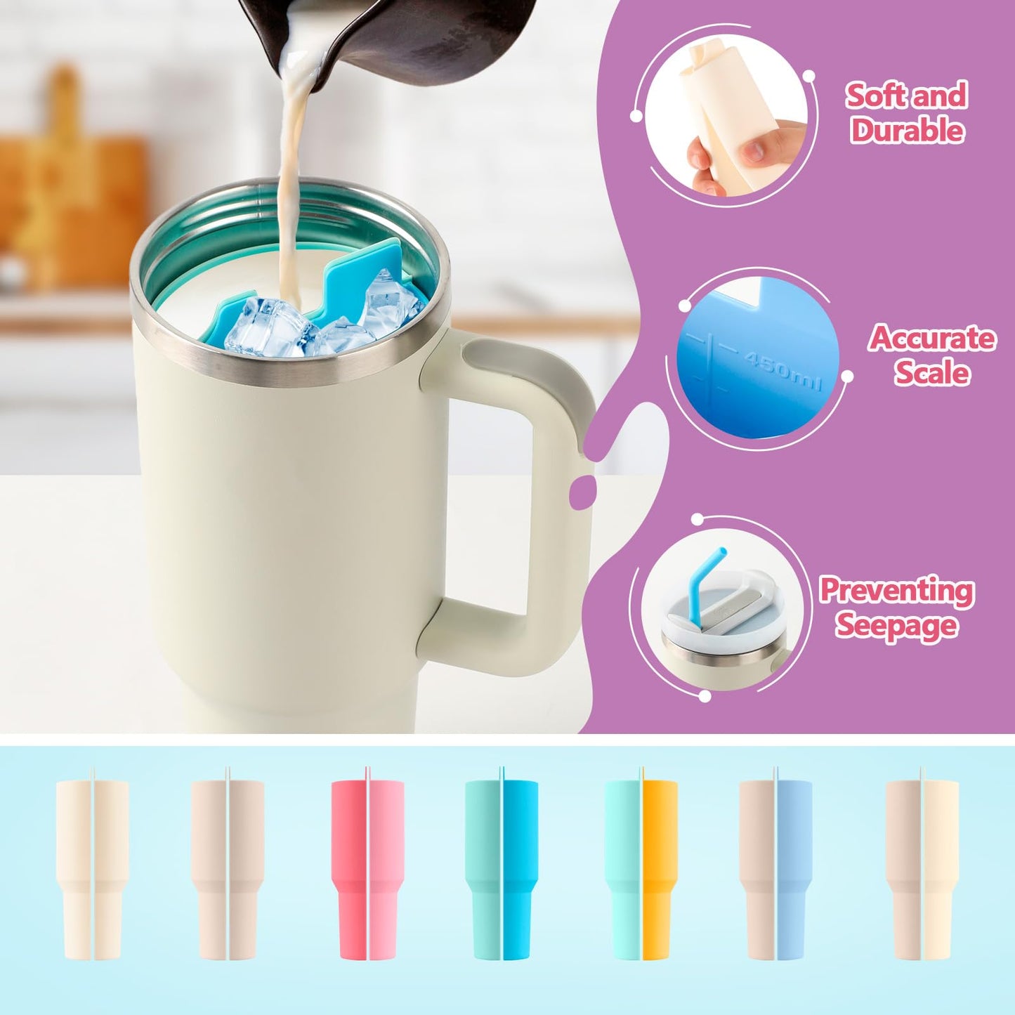 LittleHugs Silicone 2-in-1 Cup for Stanley Cup 40 oz compatible with Stanley Cup Accessories,Double Drinks Bag Fit Stanley Cups Dispense Different Beverages (Cream and Bright Blue)