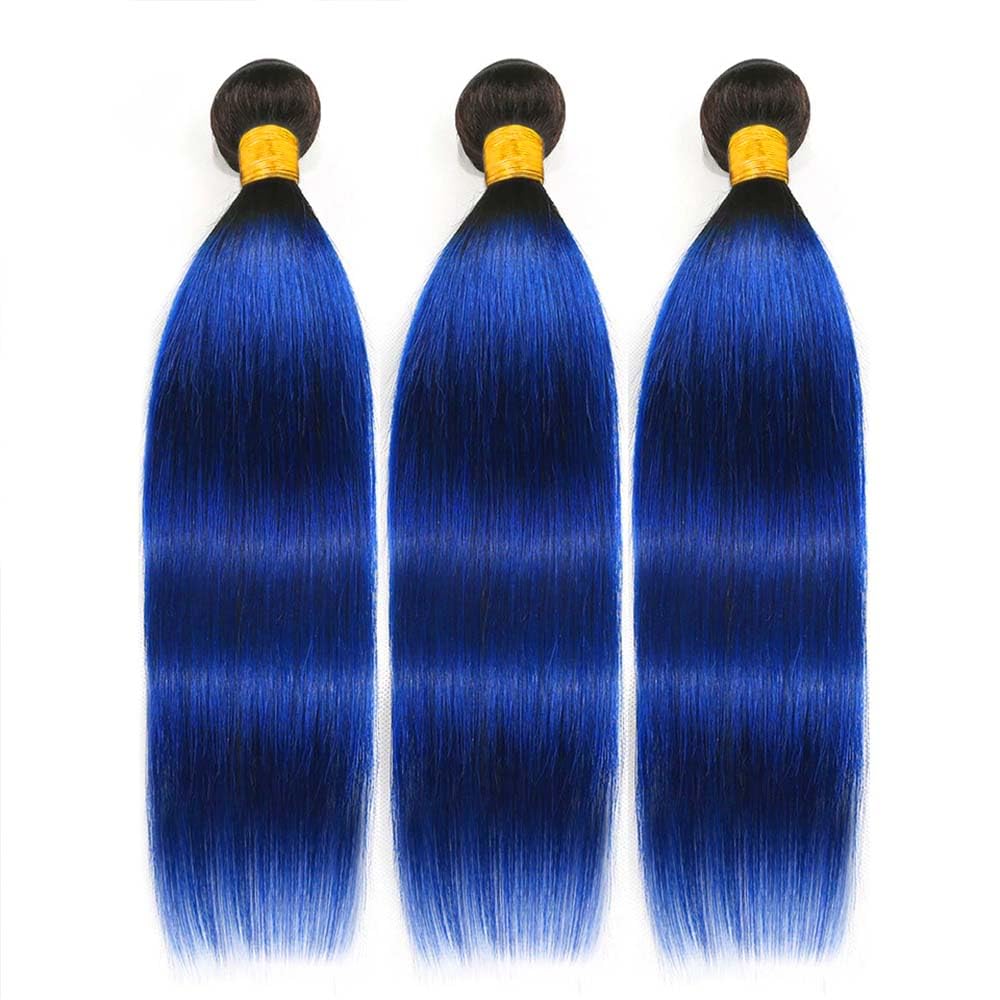 1B/Blue Straight Bundles Blue Human Hair Bundles Ombre Two Tone Black Roots to Blue Bundles Human Hair Weave Double Weft Brazilian Hair Wet and Wavy Bundles Silky Soft for Black Women 22 24 26 inch
