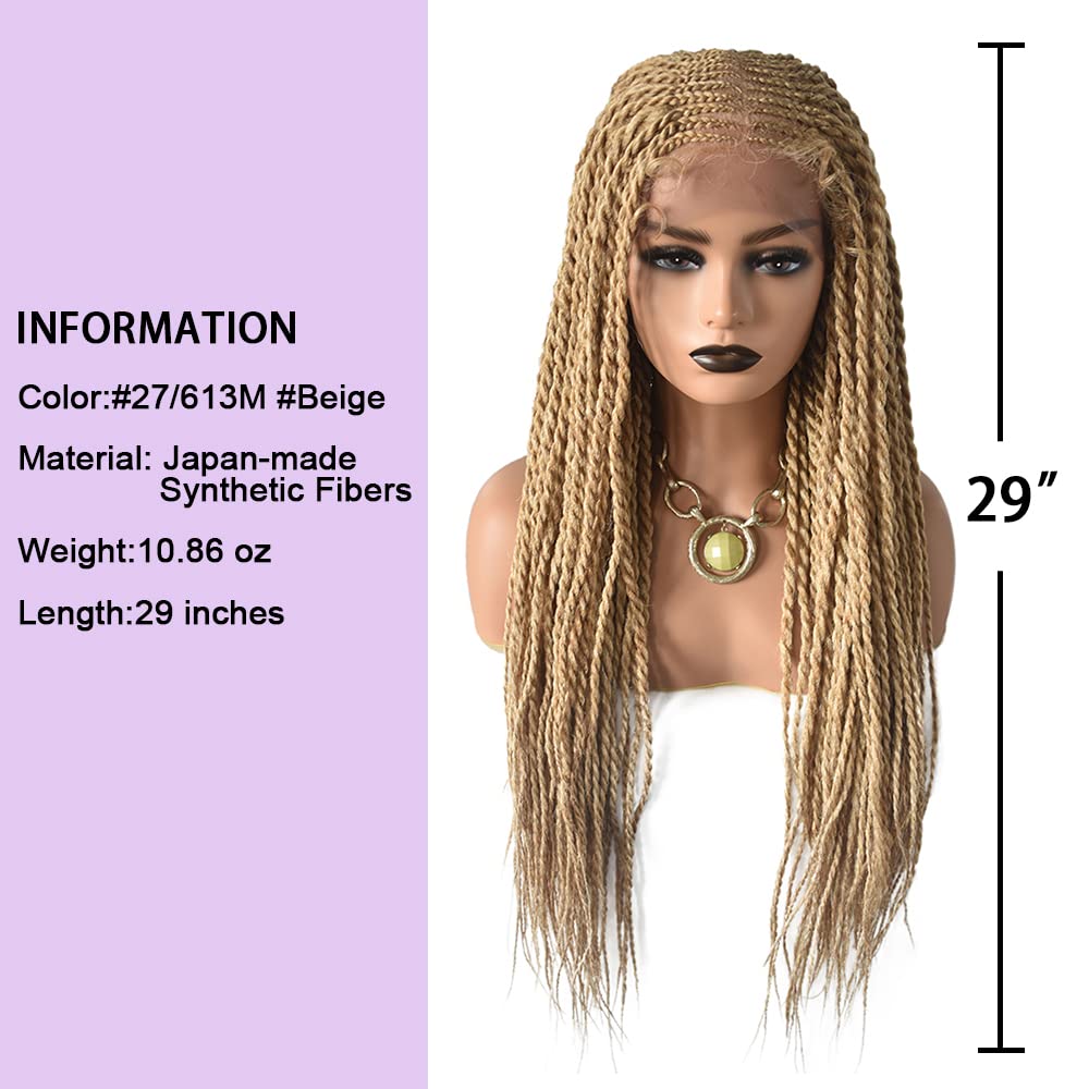 5.5X3.5 Swiss Lace Front Lightweight Twist Braids Wigs Micro Cornrow Half Box Heat Friendly African Hair Natural Look with Baby Hair Hand-made Braided for Black Women 31" (#27/613M Blonde)