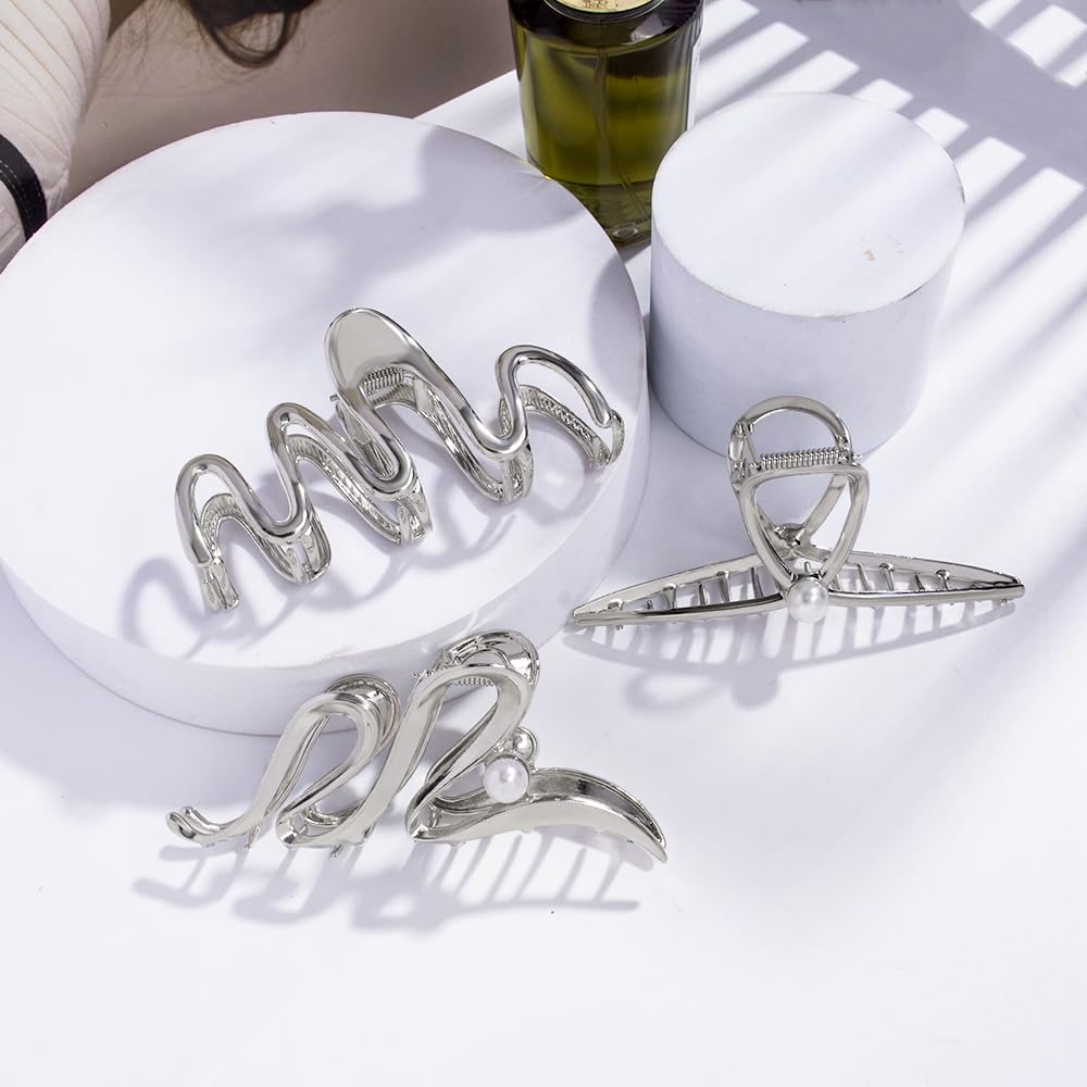 3 Pack Hair Claw Clips for Thick Long Hair, Silver Metal Wave Cross with Peal Big Jaw Clamps Hair Accessories for Women, Fashion Elegant Aesthetics Variety Hairgrip Styling Tools