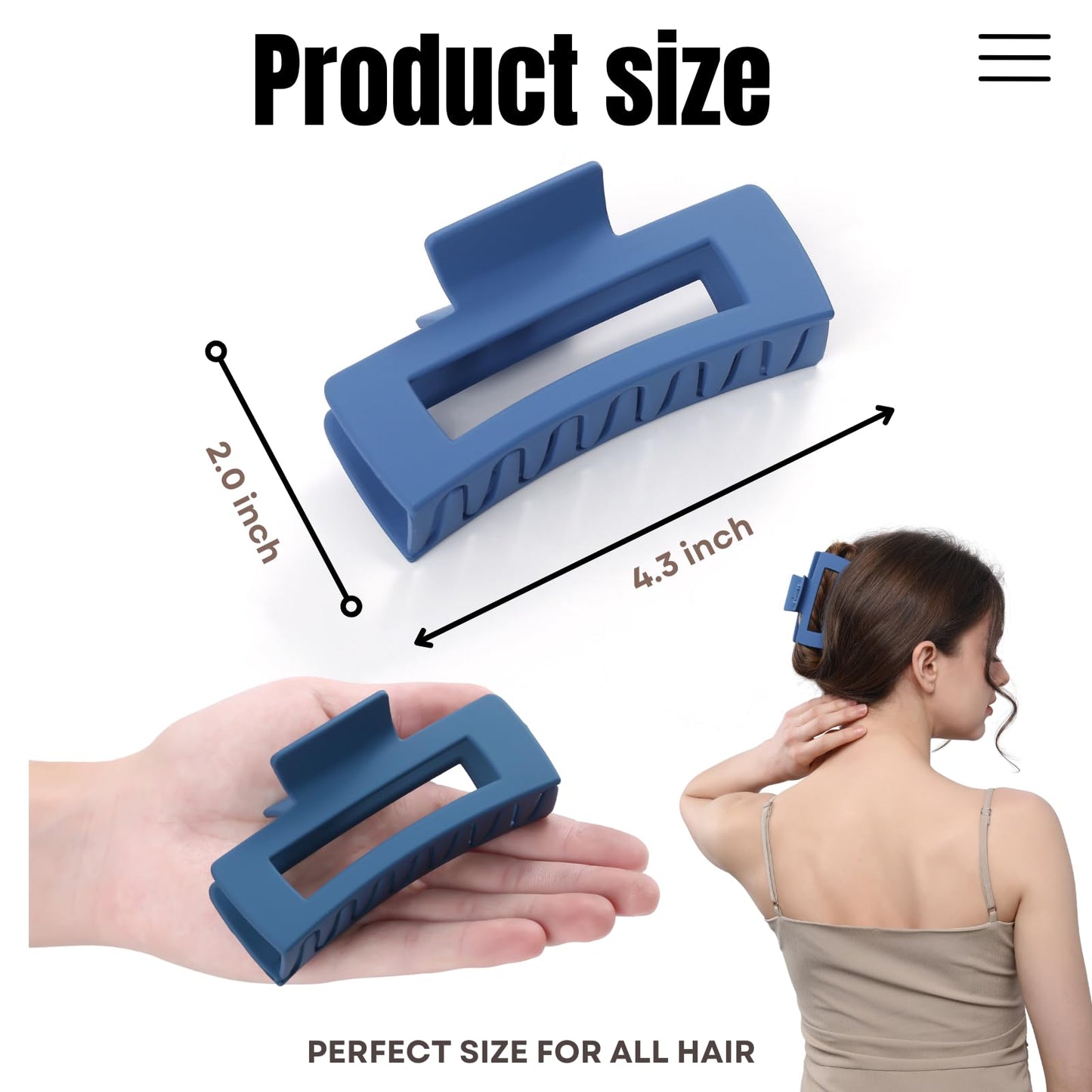 12 Pcs Blue Large Square Hair Claw Clips for Women, 4.3-Inch Matte Rectangle Claw, Strong Hold Non-slip Hair Clips for Thick & Thin Hair