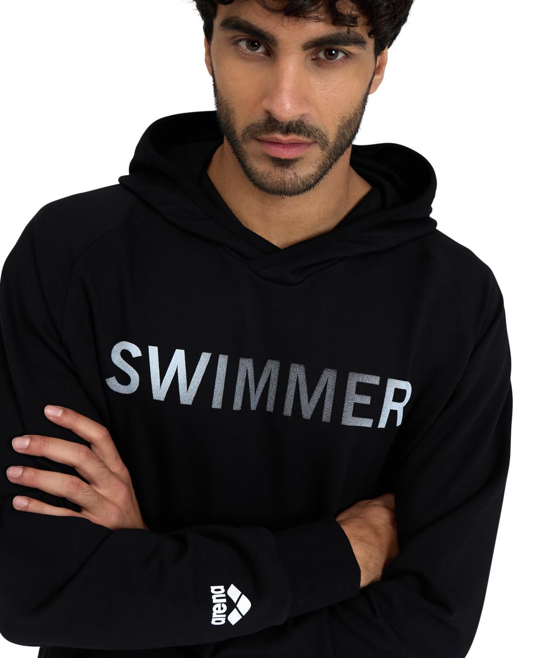 ARENA Unisex Adults Logo Swimmer Hooded Cotton Sweatshirt Men’s and Women’s Long Sleeve Regular Fit Hoodie Active Pullover Top, Black, X-Large