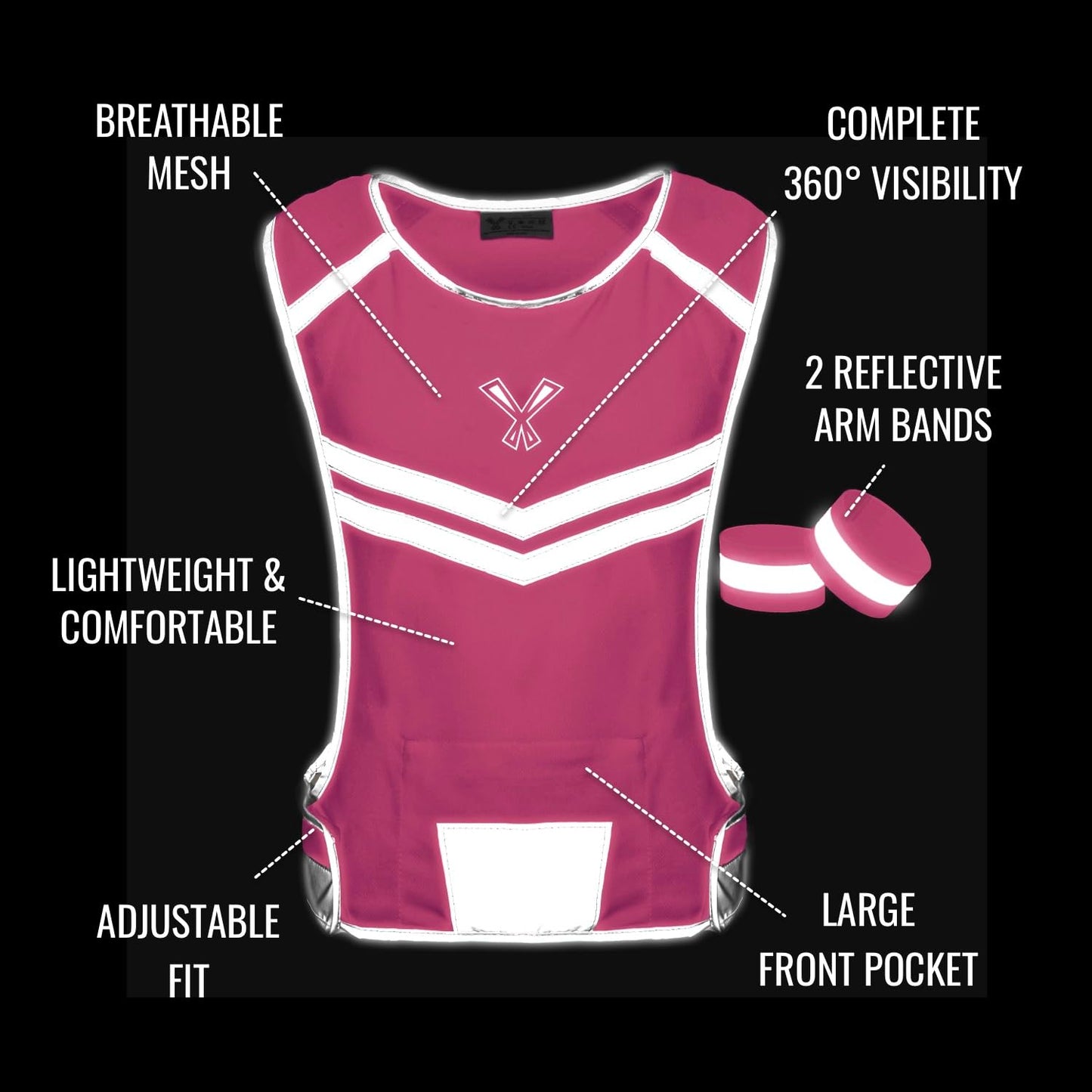 247 Viz Running Reflective Vest with Inside Pocket and 2 Bands, High Visibility Reflective Running Gear Safety Vest Straps for Men Women Kids for Night Running Walking Cycling