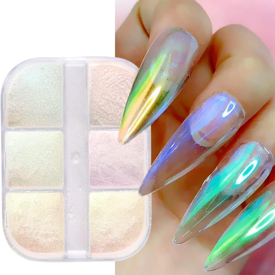 6 Colors Mirror Laser Aurora Chrome Powder for Nails,Nail Glitter Nail Powder, Chameleon Powder Chrome Iridescent Pigment Nail Art Glitters(6 grids)