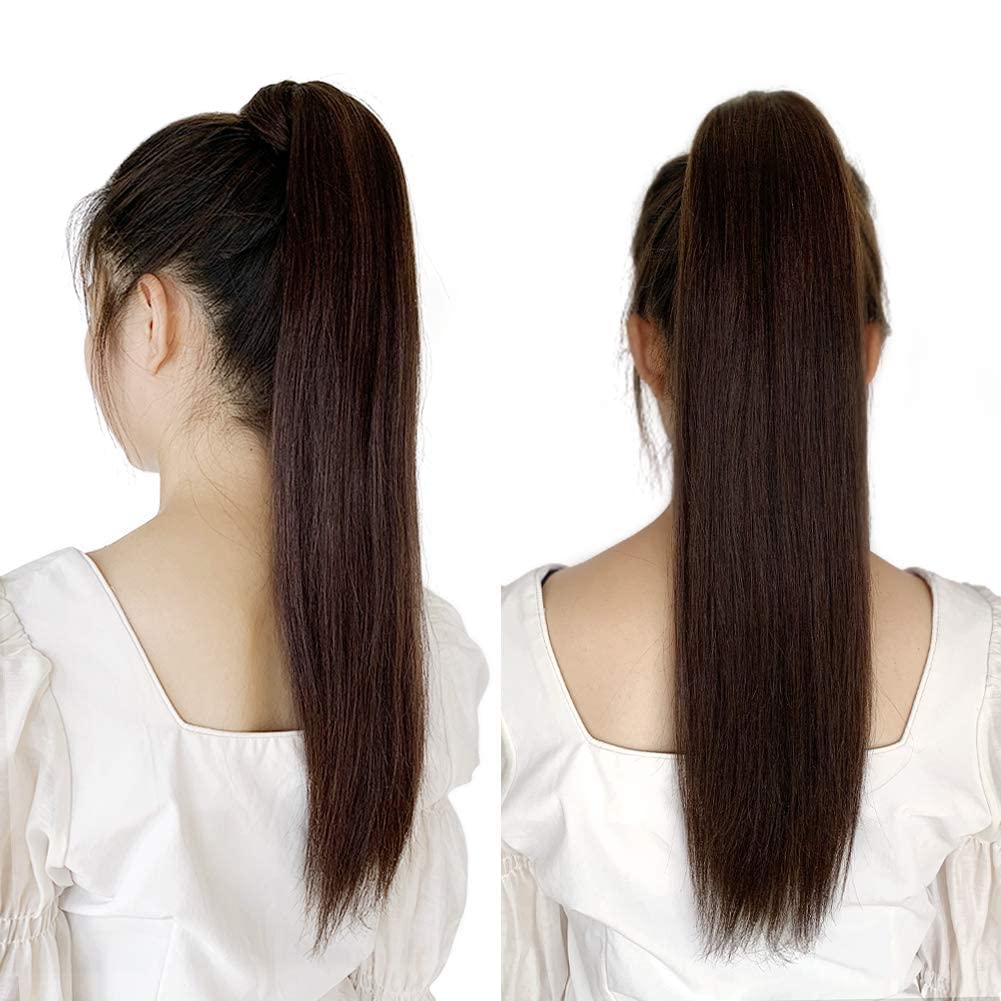 ABH AMAZINGBEAUTY HAIR Ponytail Hair Extensions for Women, Remy Human Hair, Wrap in Easy to Use, 100 Gram, Jet Black Color 1, 20 Inch
