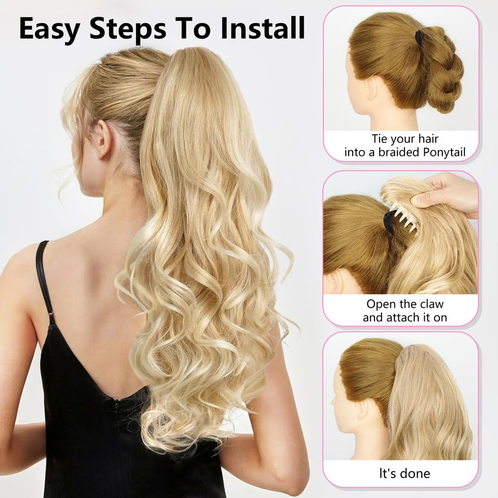 ALXNAN Ponytail Extension,24 Inch Claw Ponytail Hair Extensions for Women,Claw Clip in Long Wavy Synthetic Dark Ash Blonde with Golden Ends Ponytail Extension for Daily Use.