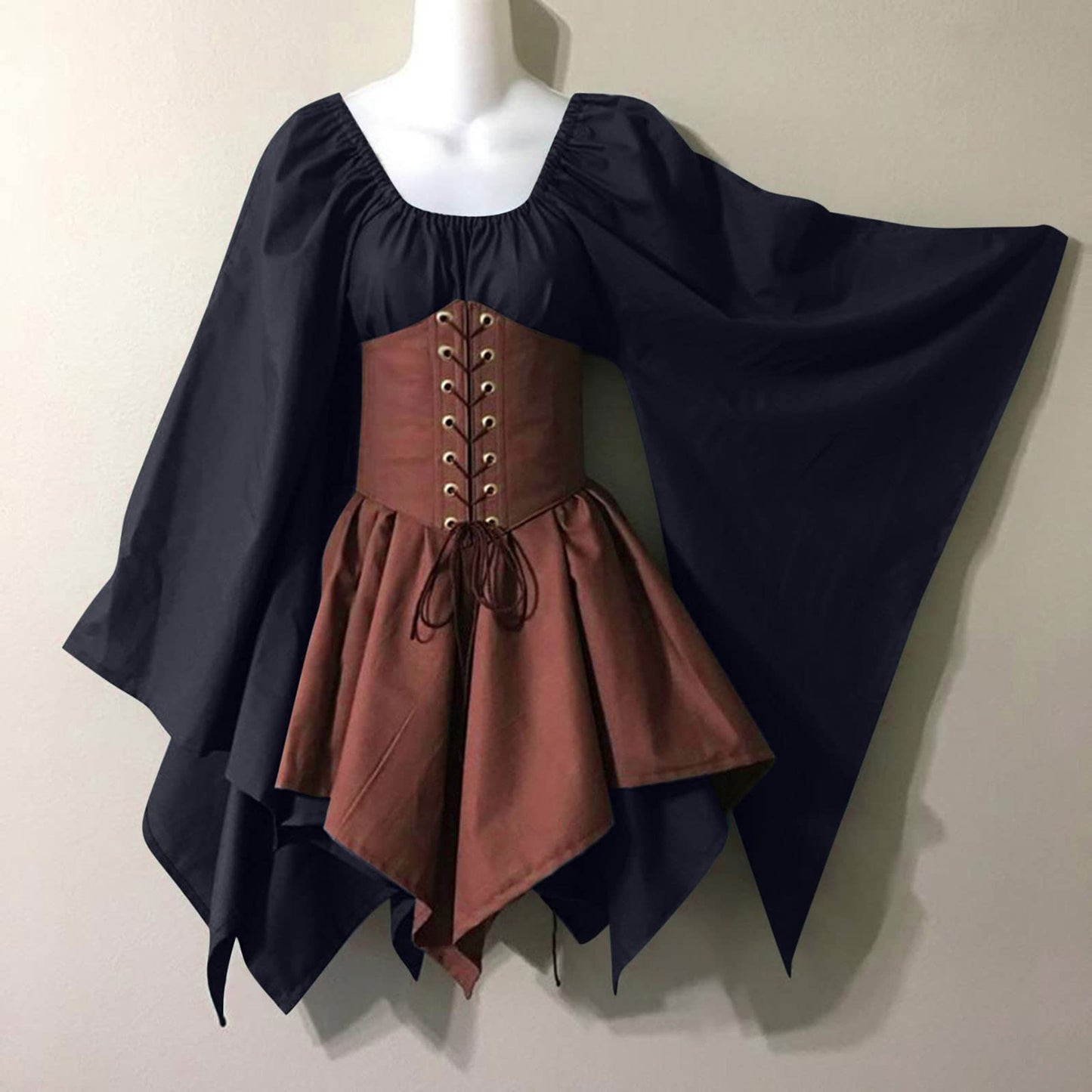 KEGIRLOM Max Subscription for Prime Members Women's Medieval Renaissance Dress Costume Flare Sleeve Corset Skirt Overskirt Elven Archer Irish Over Gown 2pcs Set,Medieval Dress for Women Hooded