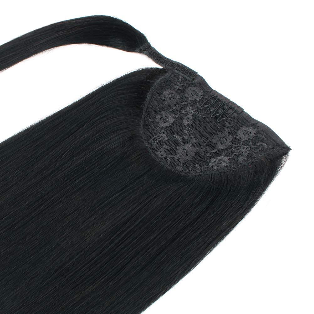 ABH AMAZINGBEAUTY HAIR Ponytail Hair Extensions for Women, Remy Human Hair, Wrap in Easy to Use, 100 Gram, Jet Black Color 1, 20 Inch
