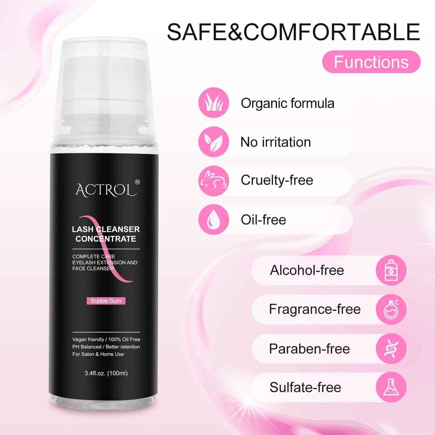 ACTROL Eyelash Cleanser Concentrate 100ml Bubble Gum Professional Lash Shampoo Foaming Cleanser Lash Wash Concentrate for Extensions Lashes with Salon Home Care-Makes 40 Bottles