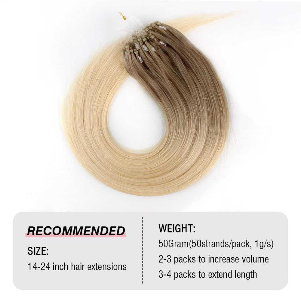 ABH AmazingBeauty Hair Micro Links Hair Extensions Human Hair 24 Inch Ash Brown Ombre Platinum Blonde Hair Extensions Micro Ring Ombre Blonde 50G 50S Micro Loop Hair Extensions Balayage Blonde