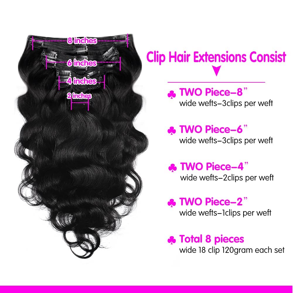 120g Body Wave Clip in Hair Extensions Real Human Hair Clip ins Hair Extensions for Women 8Pcs/Set with 18Clips Brazilian Remy Human Hair Extensions(26inch, Natural Color)