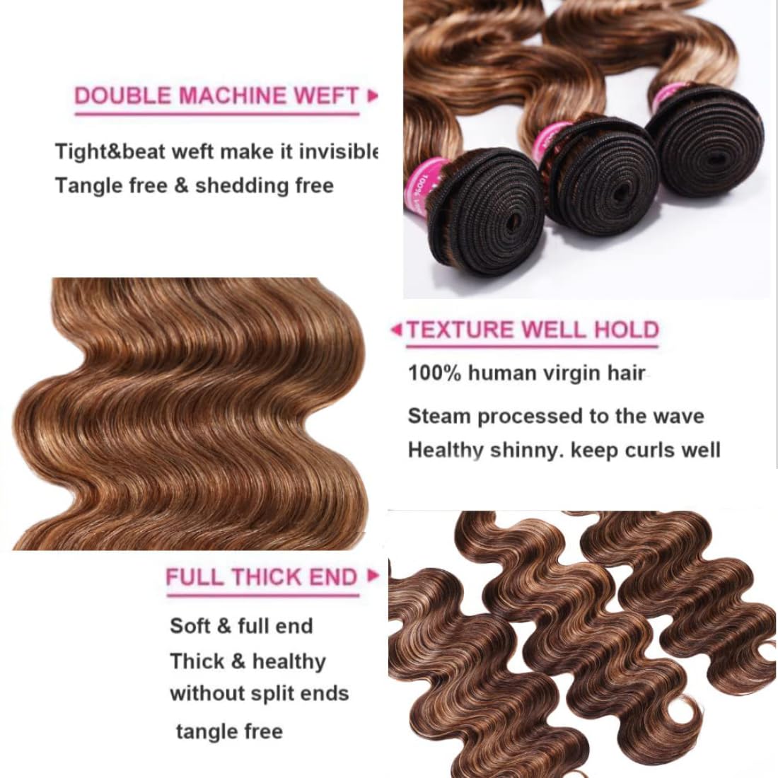 Sunber TL412 Honey Blonde Highlight Body Wave Human Hair Weave 3 Bundles for Women,12A Brazilian Remy Human Hair Bundles Balayage Colored (10” 12” 14”) Inch Human Hair Weave Sew in Extension