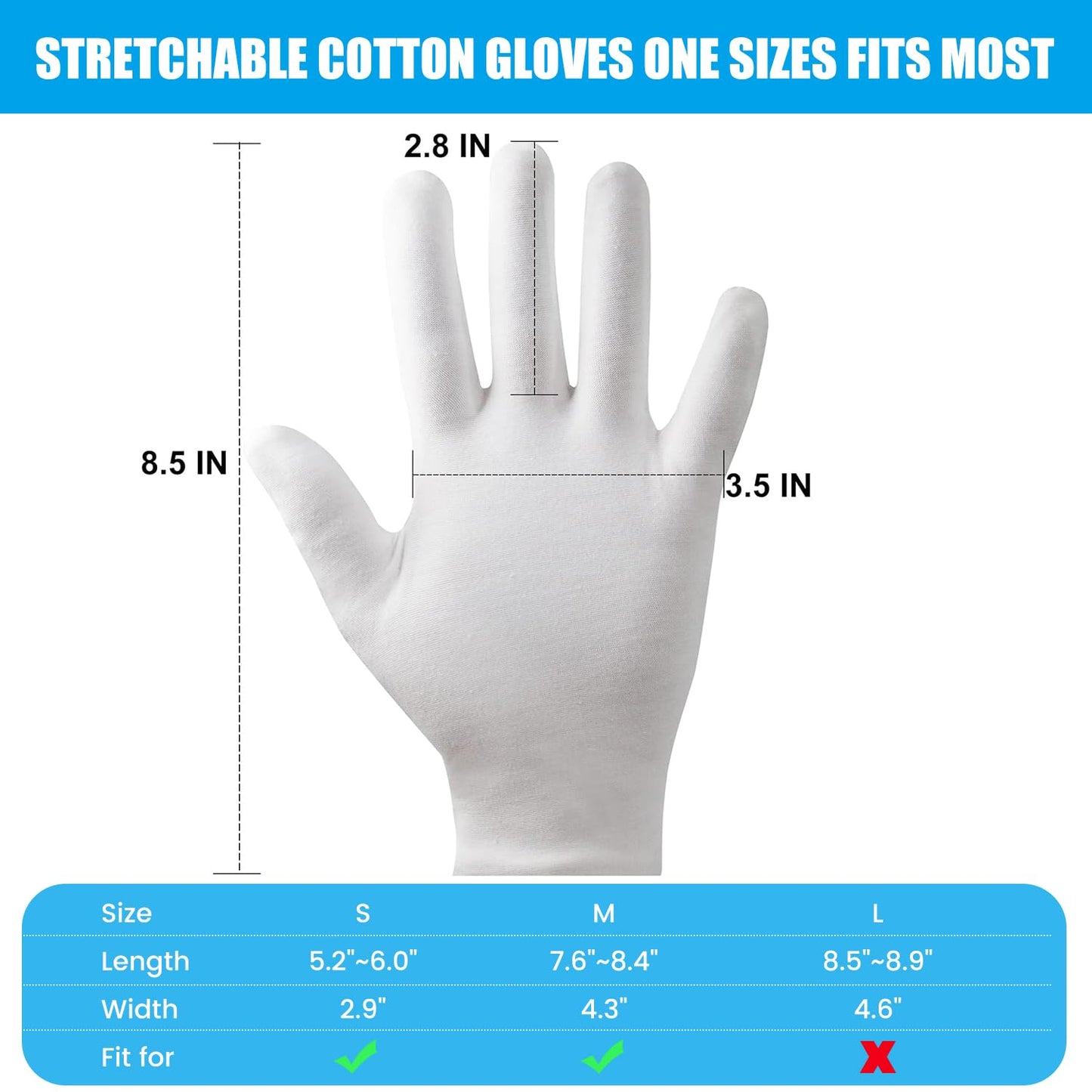 7 Pairs White Cotton Gloves for Dry Hands Sleeping, Washable Lotion Eczema Moisturizing Gloves Overnight for Women Men Halloween Wedding Costume, Safety Work Liner for Serving Inspection