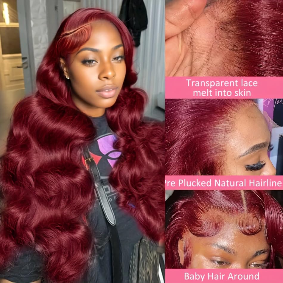 99j Burgundy Lace Front Wigs Human Hair 220 Density 13x6 Body Wave Lace Front Wigs Human Hair Pre Plucked Hd Lace Front Wig for Women Wine Red Brazilian Human Hair Wigs Red Wig 20 Inch