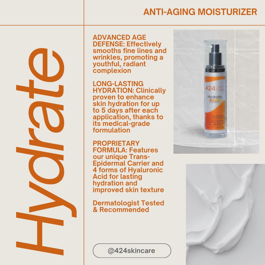 424 Skin Care Age Defense Hydrate - Dermatologist Tested & Recommended Anti-Aging Moisturizer with Hyaluronic Acid, Clinically Proven Formula, 1.8 oz