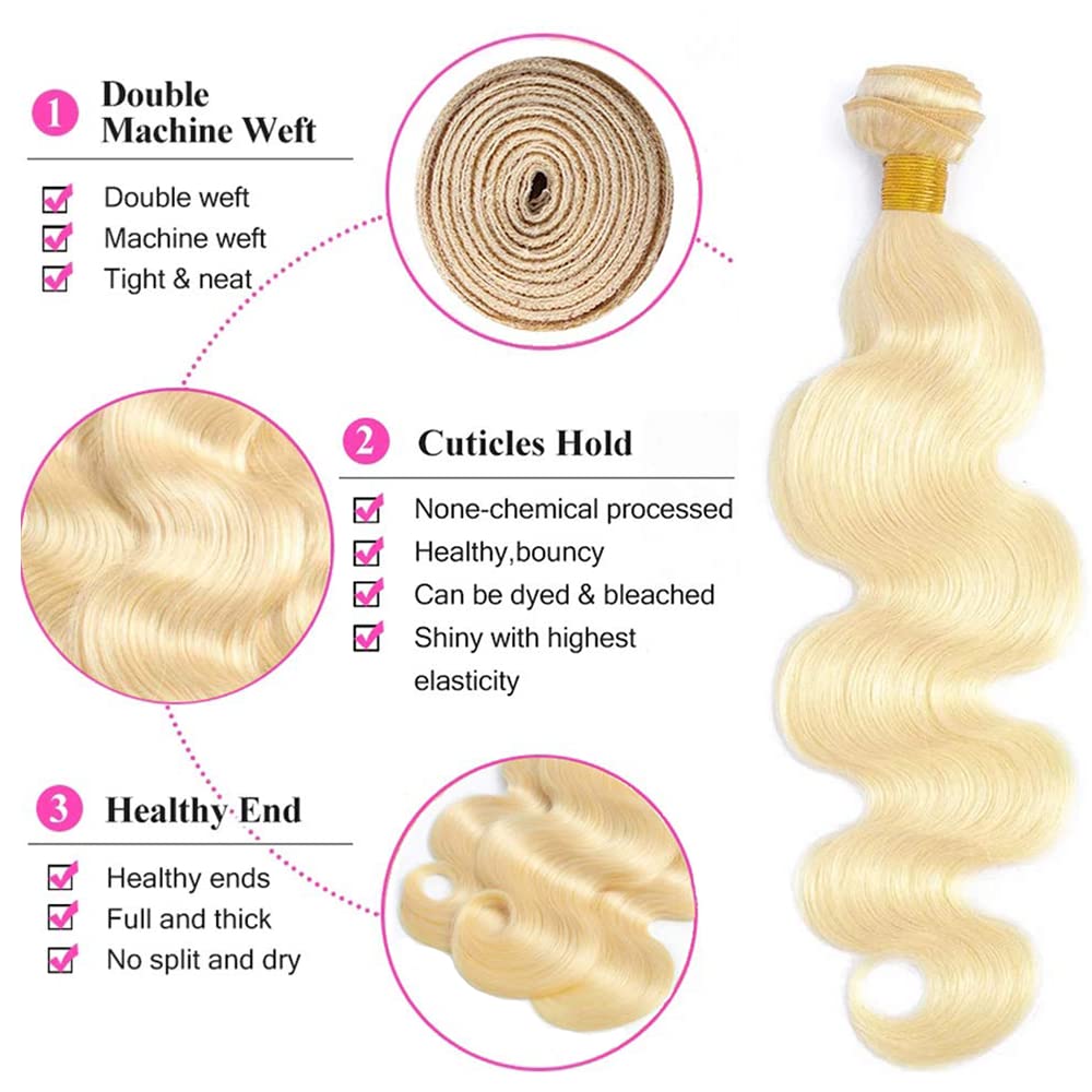 613 Body Wave Bundles Human Hair Blonde Human Hair Bundles 8A Grade Unprocessed Brazilian Virgin Hair 3 Bundles 12 12 12 Inch Blonde Body Wave Human Hair