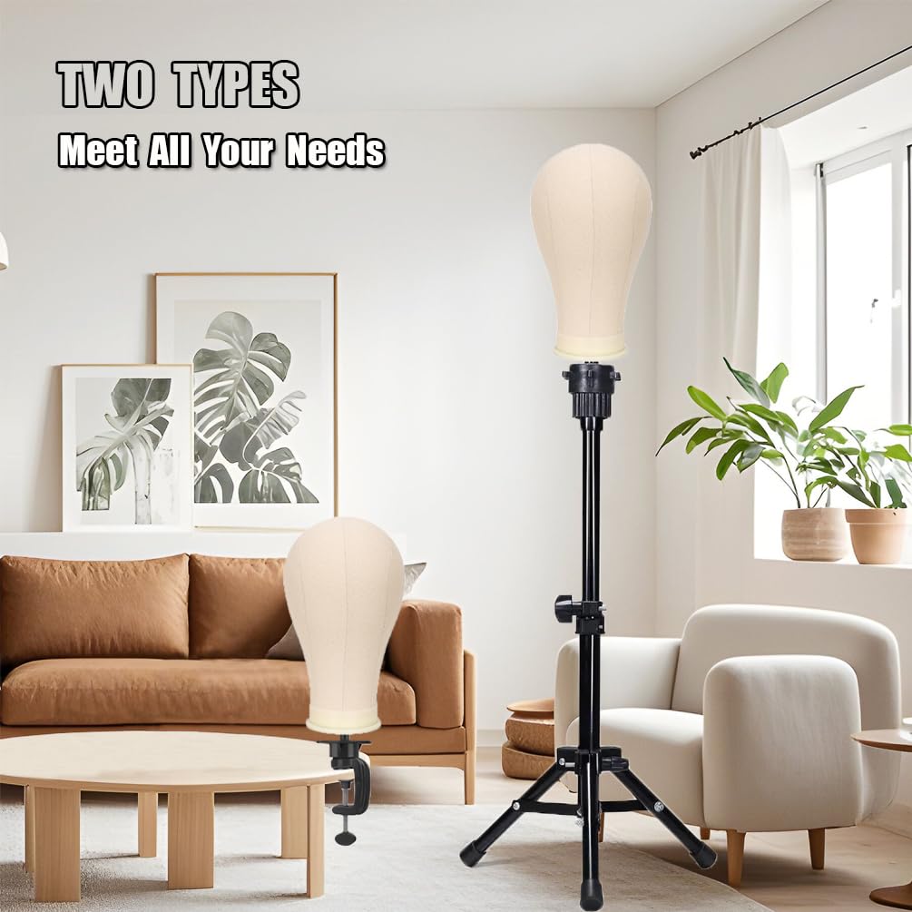 22 Inch Wig Head (White), Wig Stand Tripod with Heads, Canvas Block Head Mannequin Head Stand Wigs Display Styling Head With Mount Hole, Manikin Canvas Head Block Set for Wigs Making Display with Wig Caps, T Pins C Pins Set Bristle Brush
