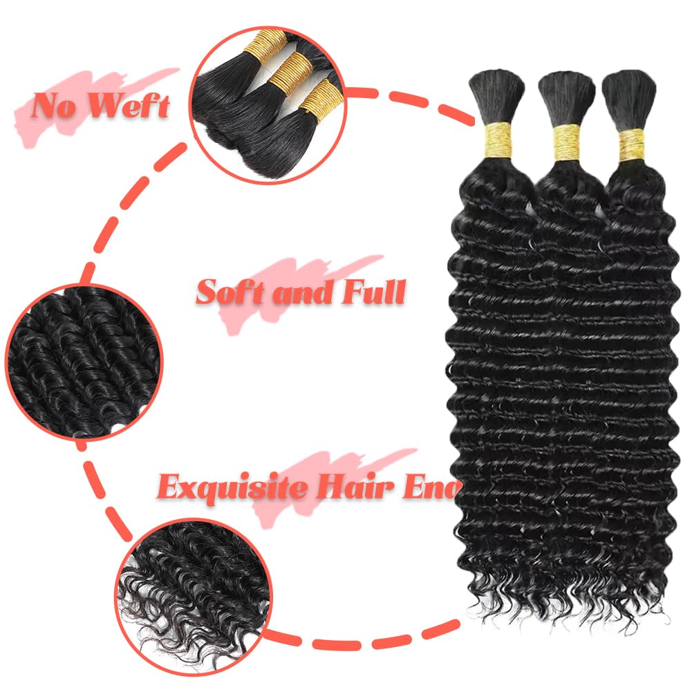 150g 18 Inch Human Braiding Hair Deep Wave Bulk Human Hair for Braiding 3 Bundles/Pack No Weft Human Deep Curly Braiding Hair for Boho Braids Brazilian Virgin Human Hair Extensions Natural Color