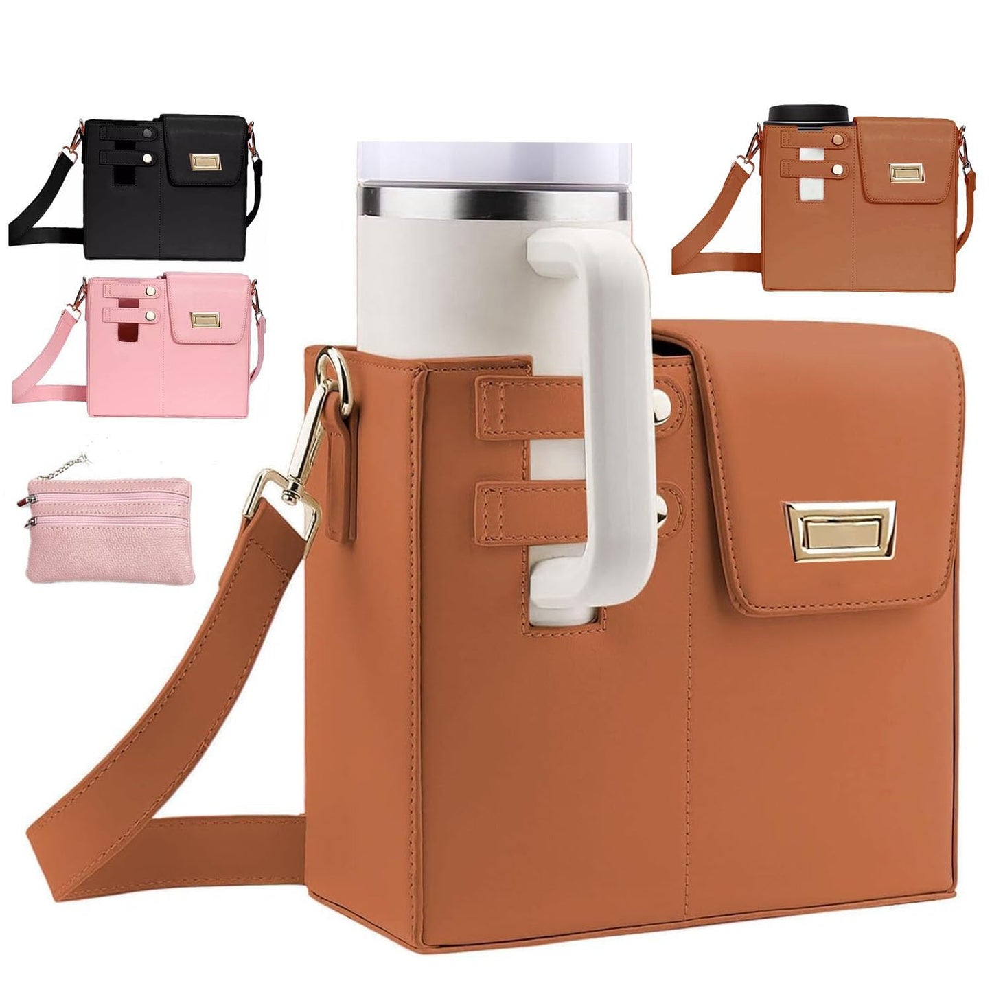 Outdoor Portable Crossbody Water Cup Storage Bag,Crossbody Cup Holder Bag,Crossbody Bag With Water Bottle Holder,for Stanley Purse Cup Holder Bag,Leather Water Bottle Bag With Adjustable Strap (Brown)