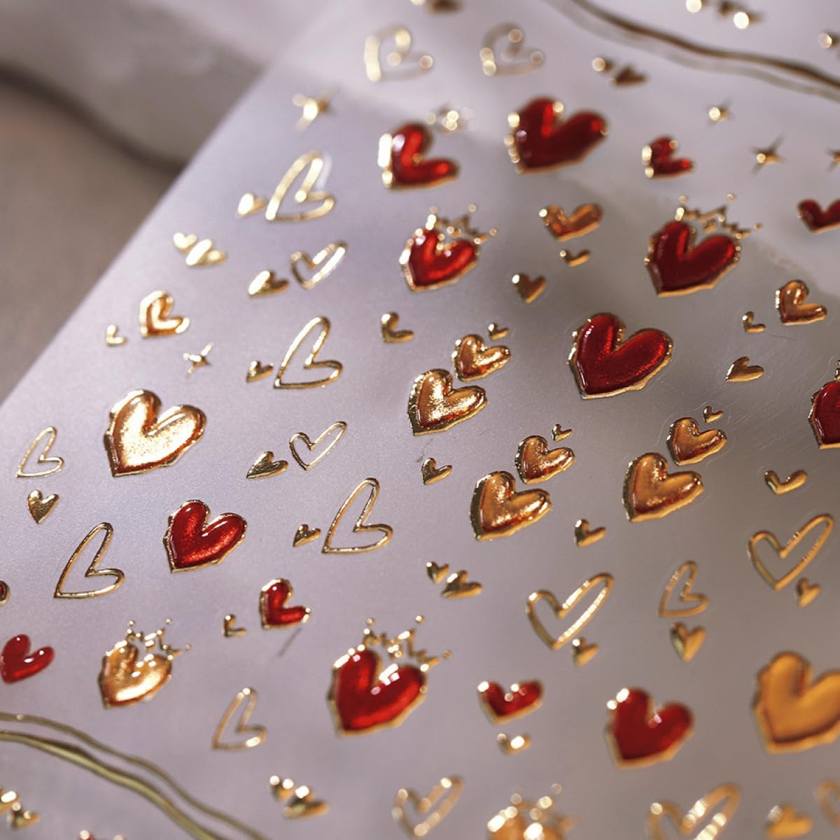 5D Embossed Spring Heart Nail Stickers - Red and Gold Self-Adhesive Love Decals for Valentine's Day - DIY Manicure Nail Art Supplies for Women and Girls