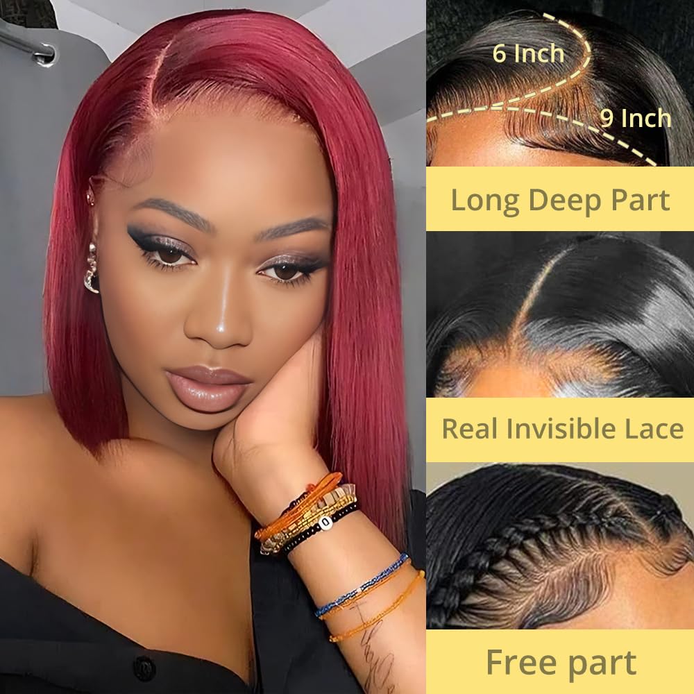 GUDOZO 99J Burgundy Bob Wig Human Hair 12 Inch 9x6 HD Lace Front Glueless Wigs Human Hair Pre Plucked Pre Cut 200% Density Short Straight Bob Wigs for Black Women