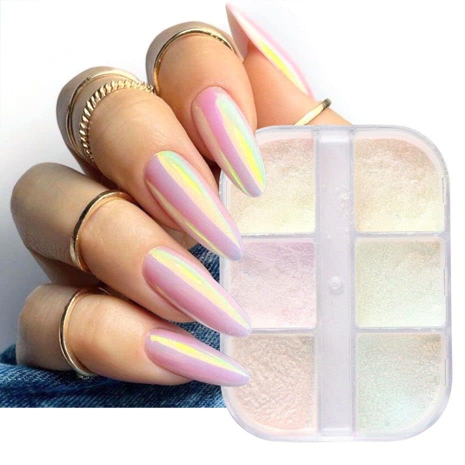 6 Colors Mirror Laser Aurora Chrome Powder for Nails,Nail Glitter Nail Powder, Chameleon Powder Chrome Iridescent Pigment Nail Art Glitters(6 grids)