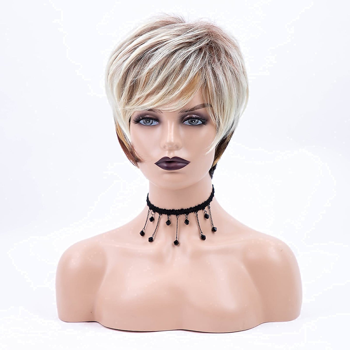 RENERSHOW Short Wigs for White Women Layered Brown Ombre Blonde Pixie Wig Synthetic Short Hair Wig with Bangs Mix Color Natural Looking Daily Party
