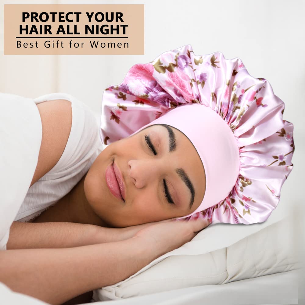 3PCS Extra Large Satin Bonnets for Sleeping, Hair Bonnets for Black Women Braids Curly Hair, E