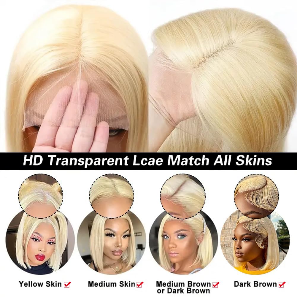 613 Bob Wig Human Hair 13x4 HD Lace Front Wig Human Hair Blonde,Short Straight Glueless 613 Blonde Lace Front Bob Wigs For Black Women Human Hair Pre Plucked Side Part Blond 10 Inch