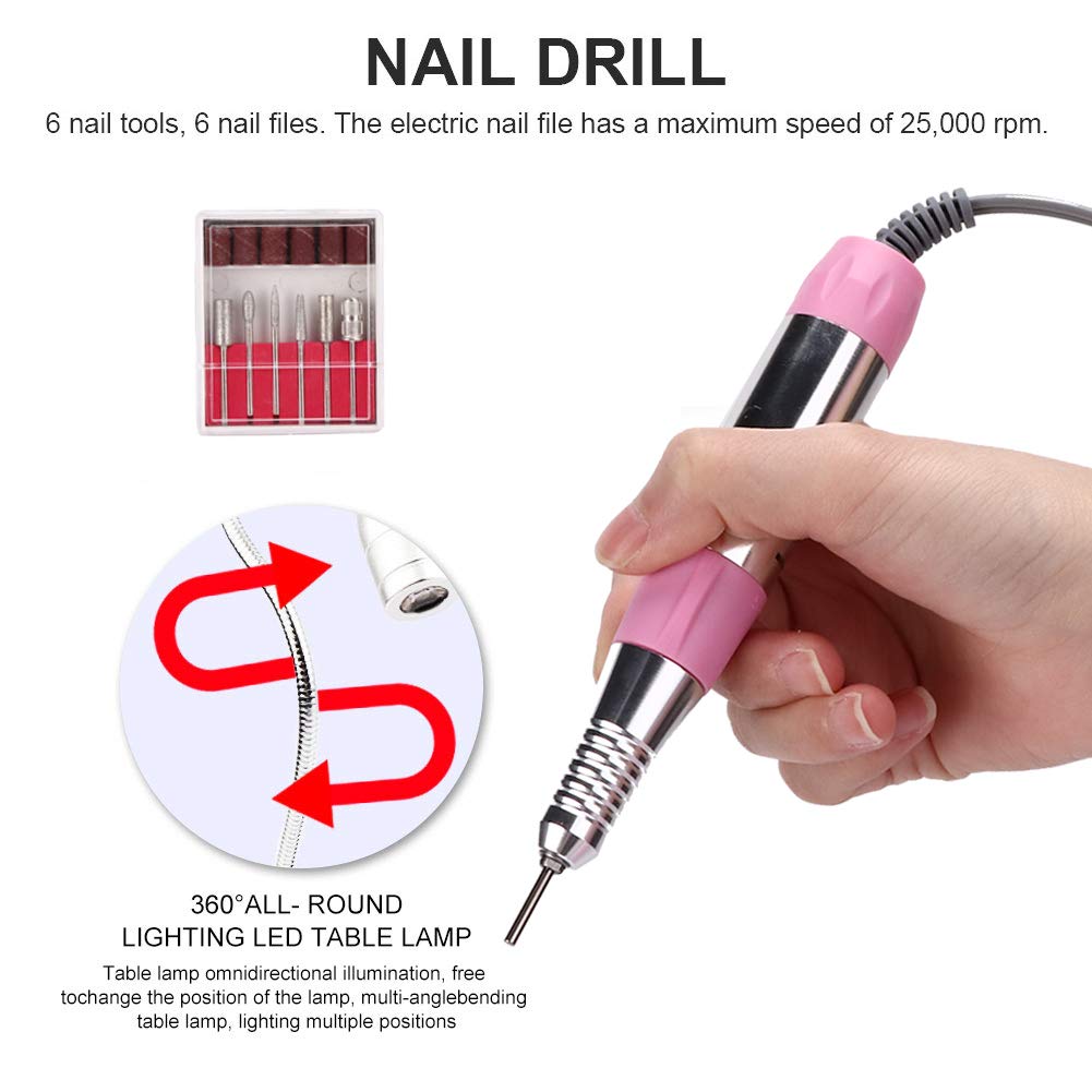 5 in 1 Nail Dust Collector with Drill, 60W Multi Functional Nail Grinding Machine Nail Dust Cleaner Manicure Light Hand Rest Pillow for Salon Home Manicure Pedicure(US)