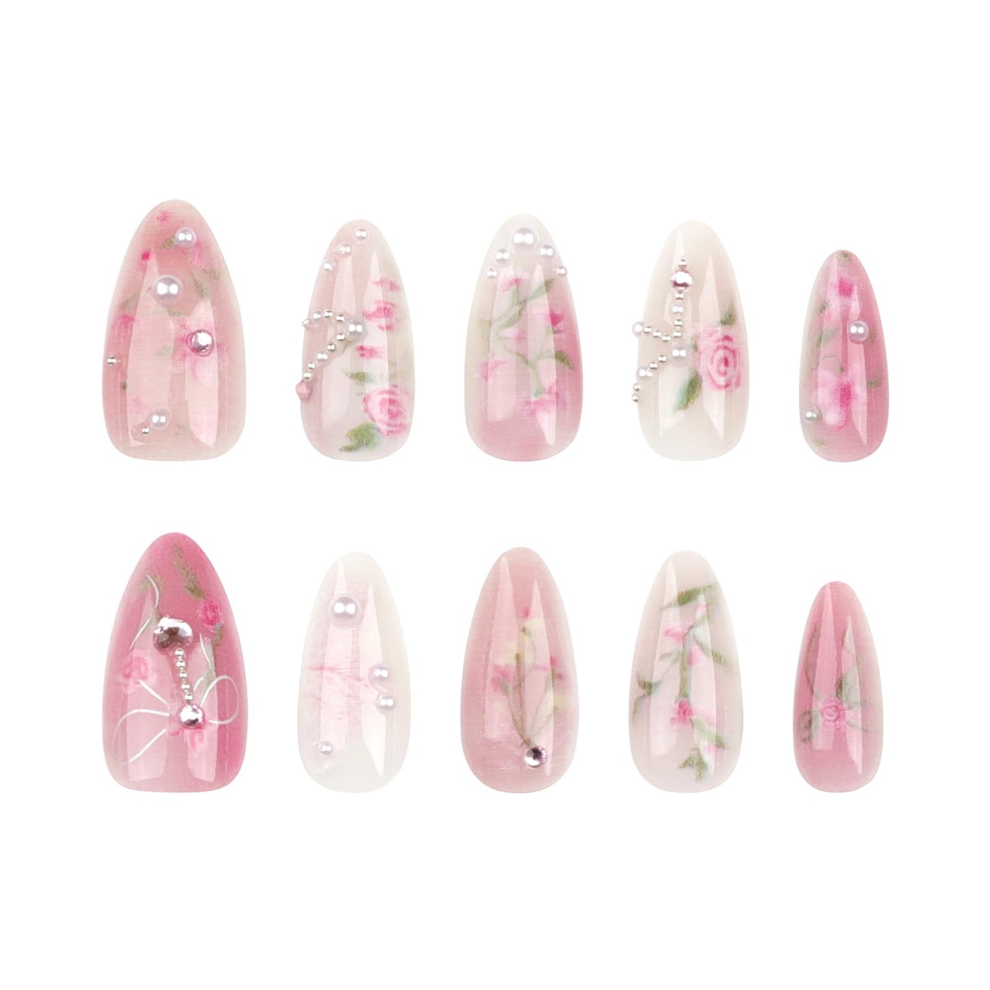 Peach Blossom Press on Nails Short Medium Almond Fake Nails with 3D Pearl Diamond Designs Pink Flower Full Cover Stick on Nails Pink White Gradient Glossy Acrylic Nails False Nails for Women 24Pcs
