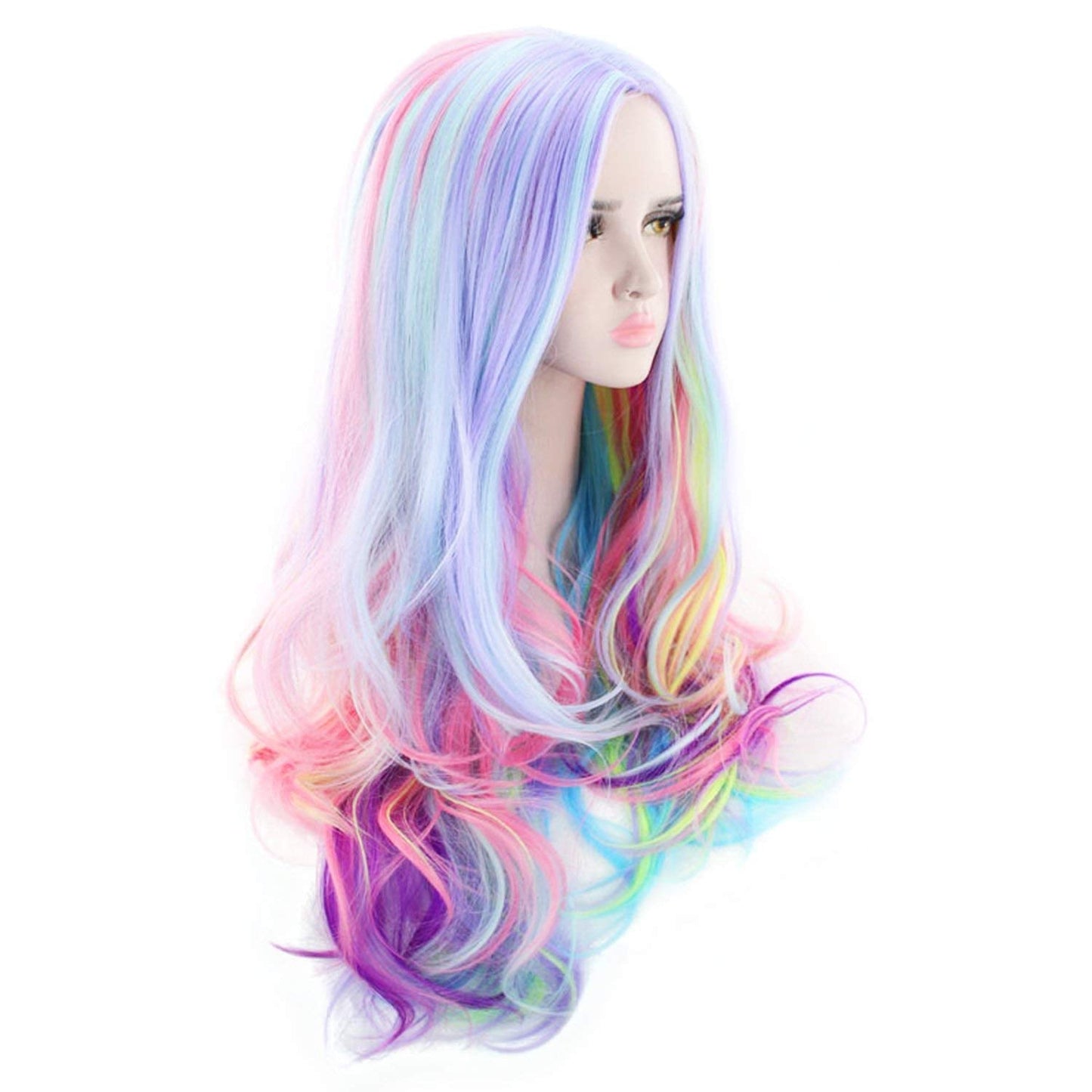 PATTNIUM Rainbow Wig - Long, Wavy, Heat Resistant Synthetic Hair for Women & Girls - Pastel Rainbow Color for Cosplay & Halloween