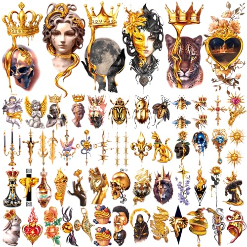 77 Sheets Temporary Tattoo, Lion Wolf Snake Skull Elephant Fake Tattoos for Adults Neck Shoulder, Bee Angel Crown Scepter Realistic Temporary Tattoos for Men Women Girls