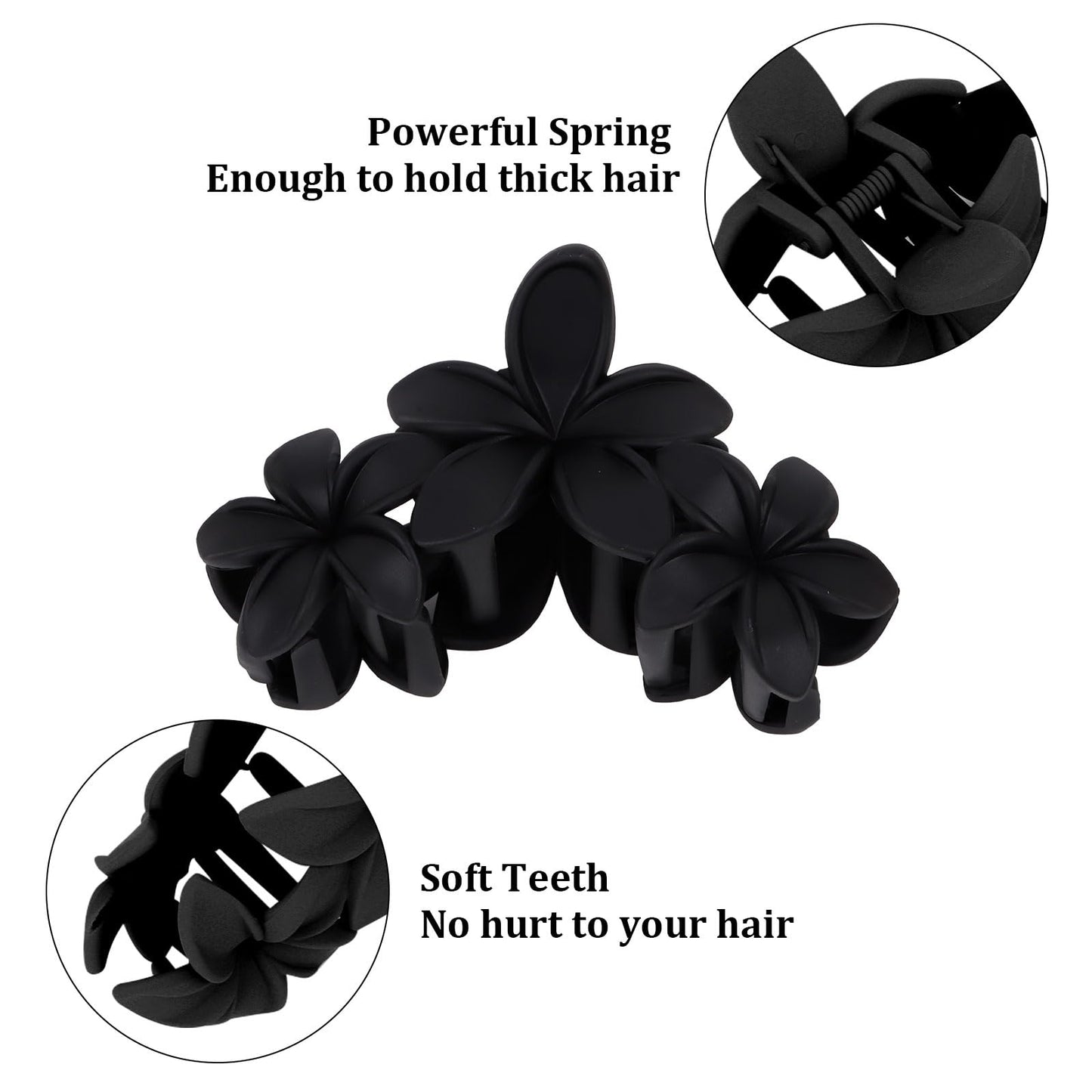 4PCS Matte Flower Hair Clips - Non-Slip Large Plumeria Clips for Thick Hair, Strong Hold for Women and Girls (Black)