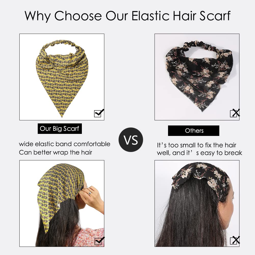 6 Pack Boho African Hair Scarf Headband for women - Elastic Bandanas Scarves Headwrap Triangle Kerchief Large Non Slip Hair Accessories for Teen Girls