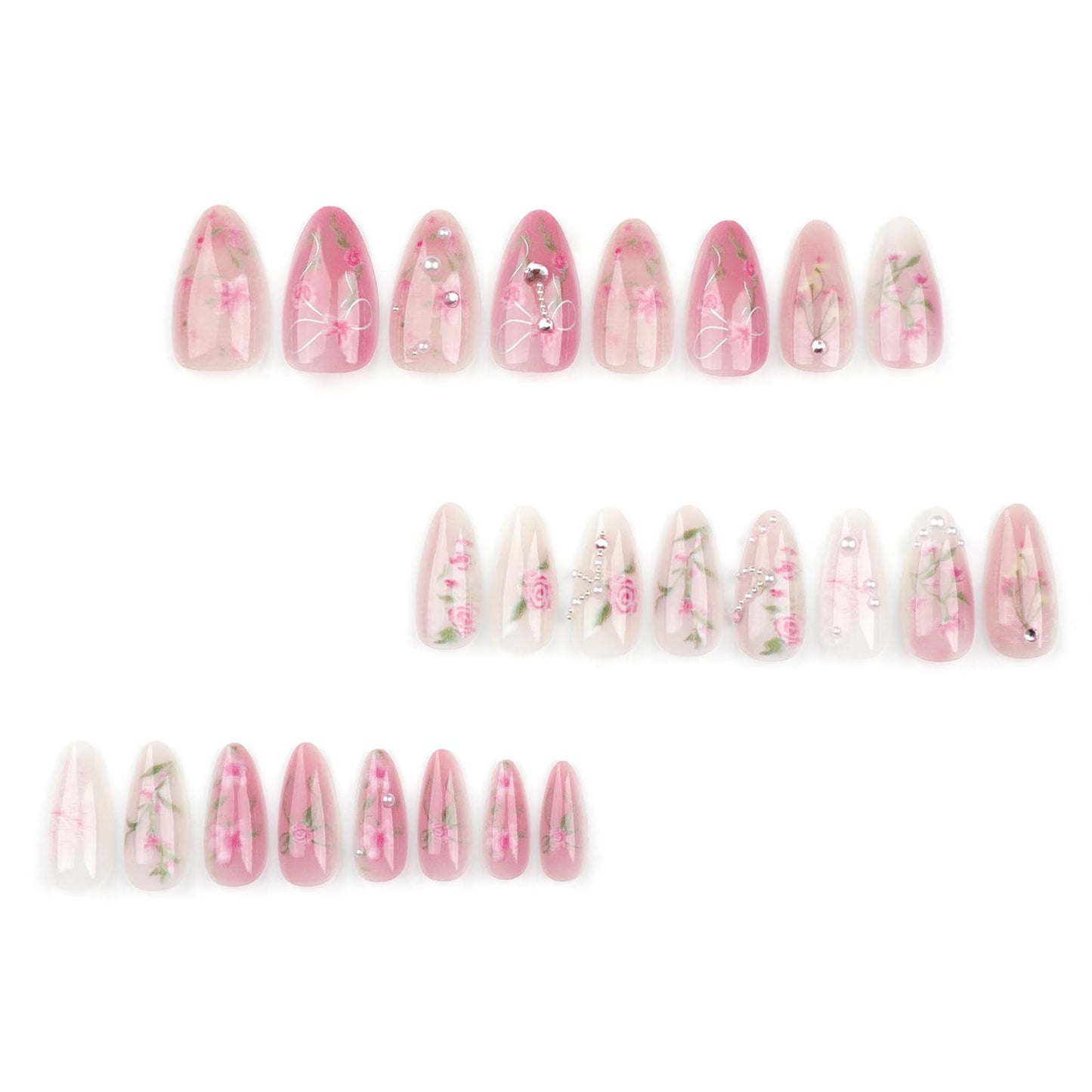 Peach Blossom Press on Nails Short Medium Almond Fake Nails with 3D Pearl Diamond Designs Pink Flower Full Cover Stick on Nails Pink White Gradient Glossy Acrylic Nails False Nails for Women 24Pcs