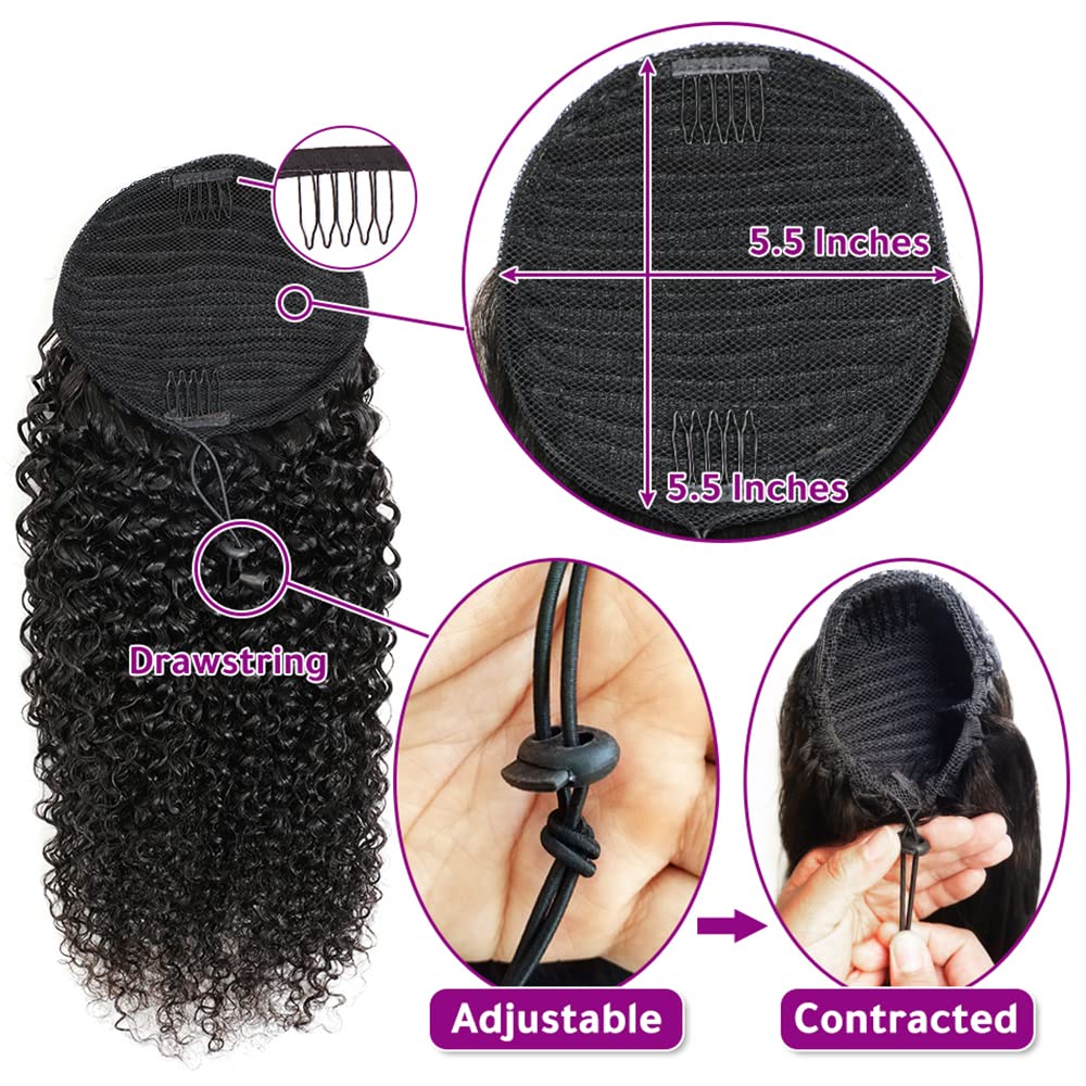 Adette 20 Inches Curly Ponytails Human Hair Drawstring Ponytail Extension Kinky Curly Clip in Pony Tail Hair Extensions Hair Pieces for Black Women Natural Black