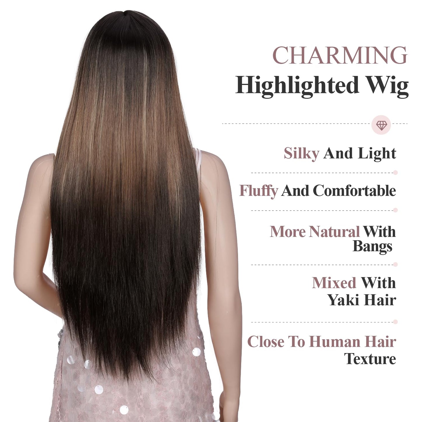 WIGER Straight Dark Brown Wigs with Bangs for Women Highlighted Ombre Long Straight Hair Wig Black-Blonde-Brown Long Wigs with Highlights Middle Part Synthetic Three-tone Hair For Party or Daily
