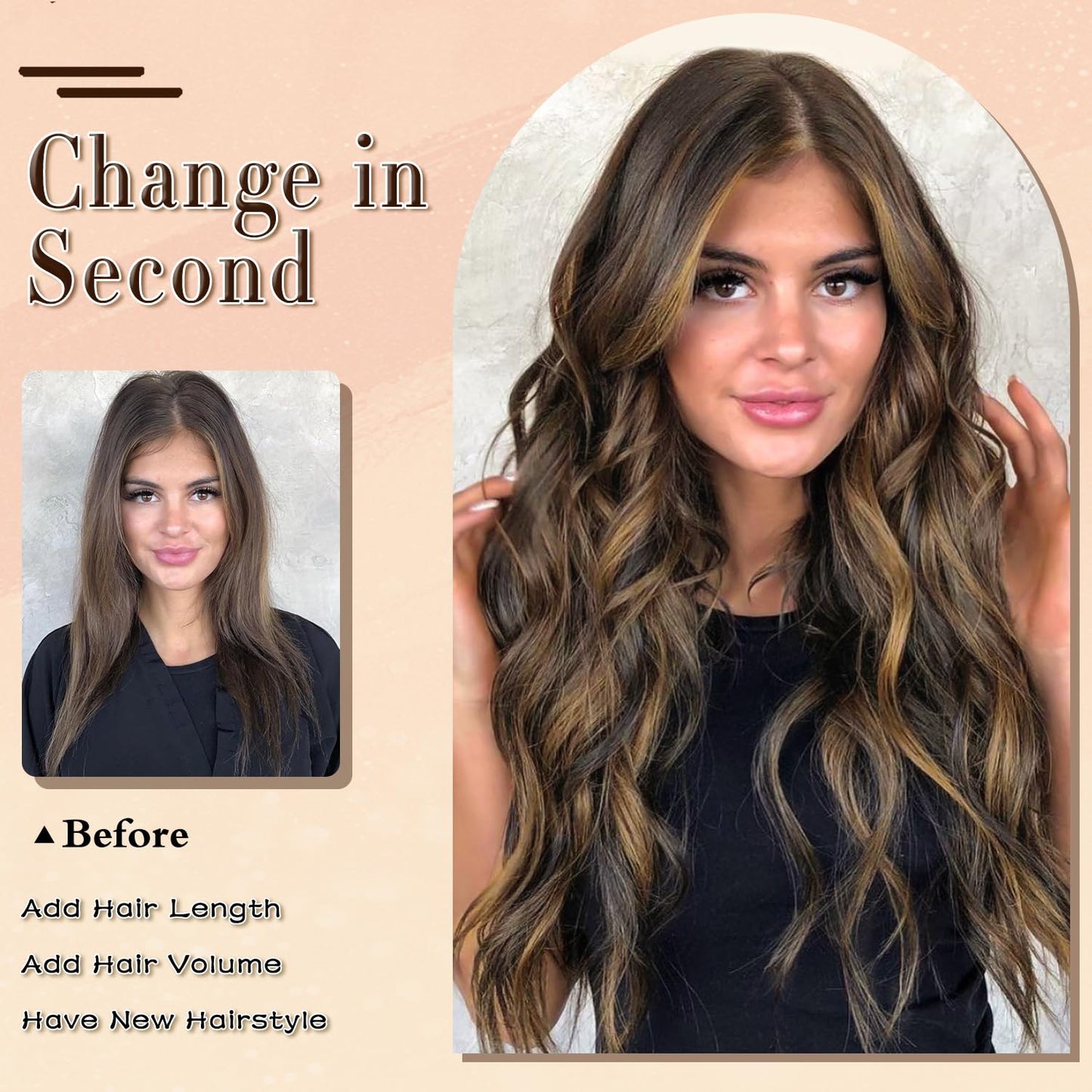 FREEMEIGE Clip in Long Wavy Synthetic Hair Extension 20 Inch Balayage Dark Brown to Chestnut 4PCS Thick Hairpieces Fiber Double Weft Hair for Women