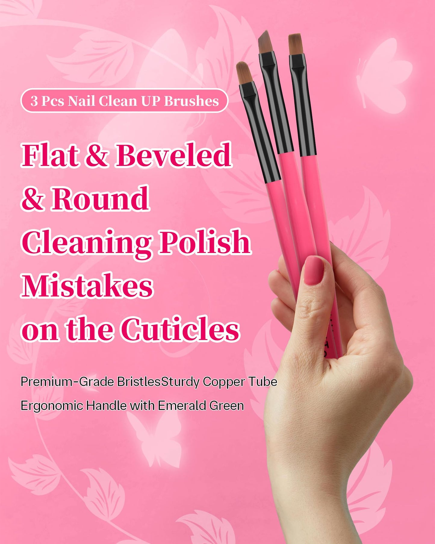 3PCS for OPI Nail Polish Remover Brush, AMilHiTon Nails Clean Up Brushes, Round/Angled/flat Acetone Resistant Nail Art Designs, and Tidying Up Polish Mishaps on Cuticles(Rose Red)