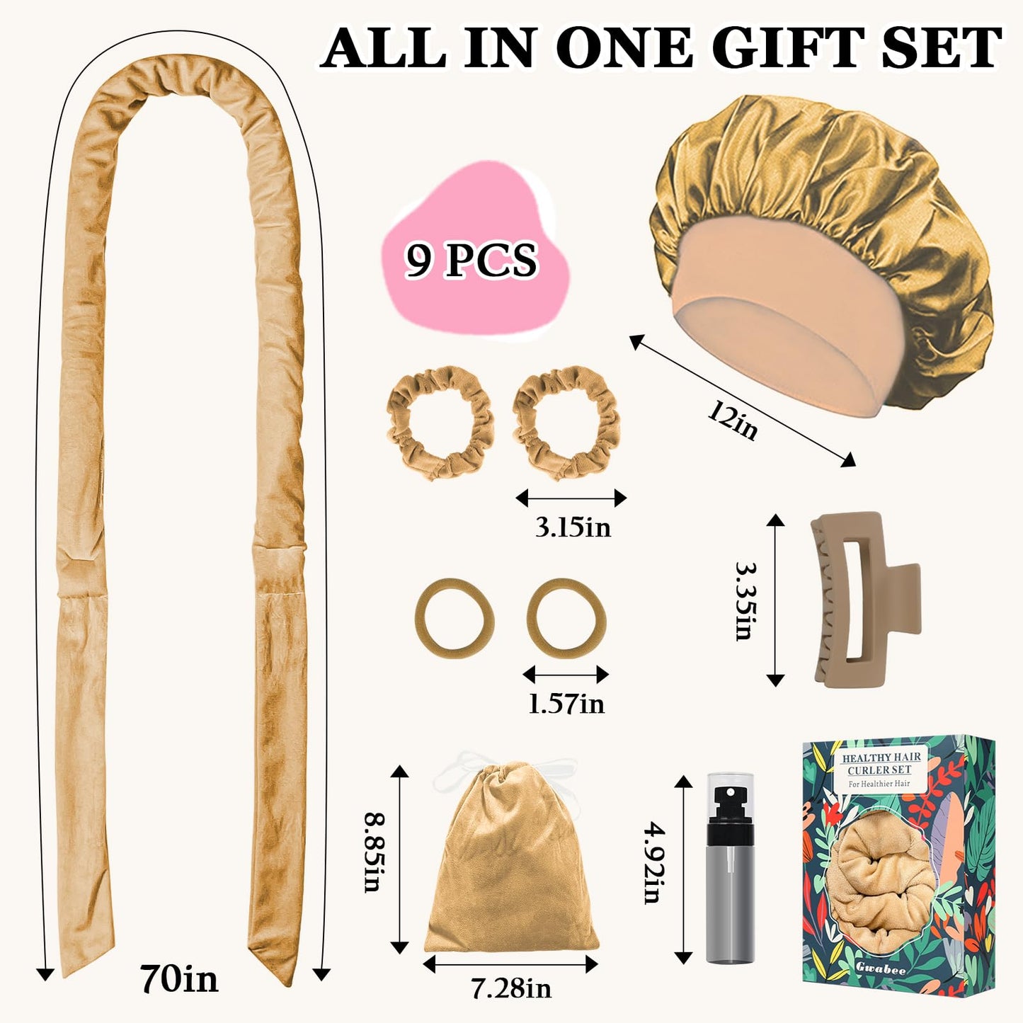 Gwabee 70" Soft Hair Curlers for Overnight Curls - No Heat Curl Wrap with 9 Rods for Long Hair, Khaki