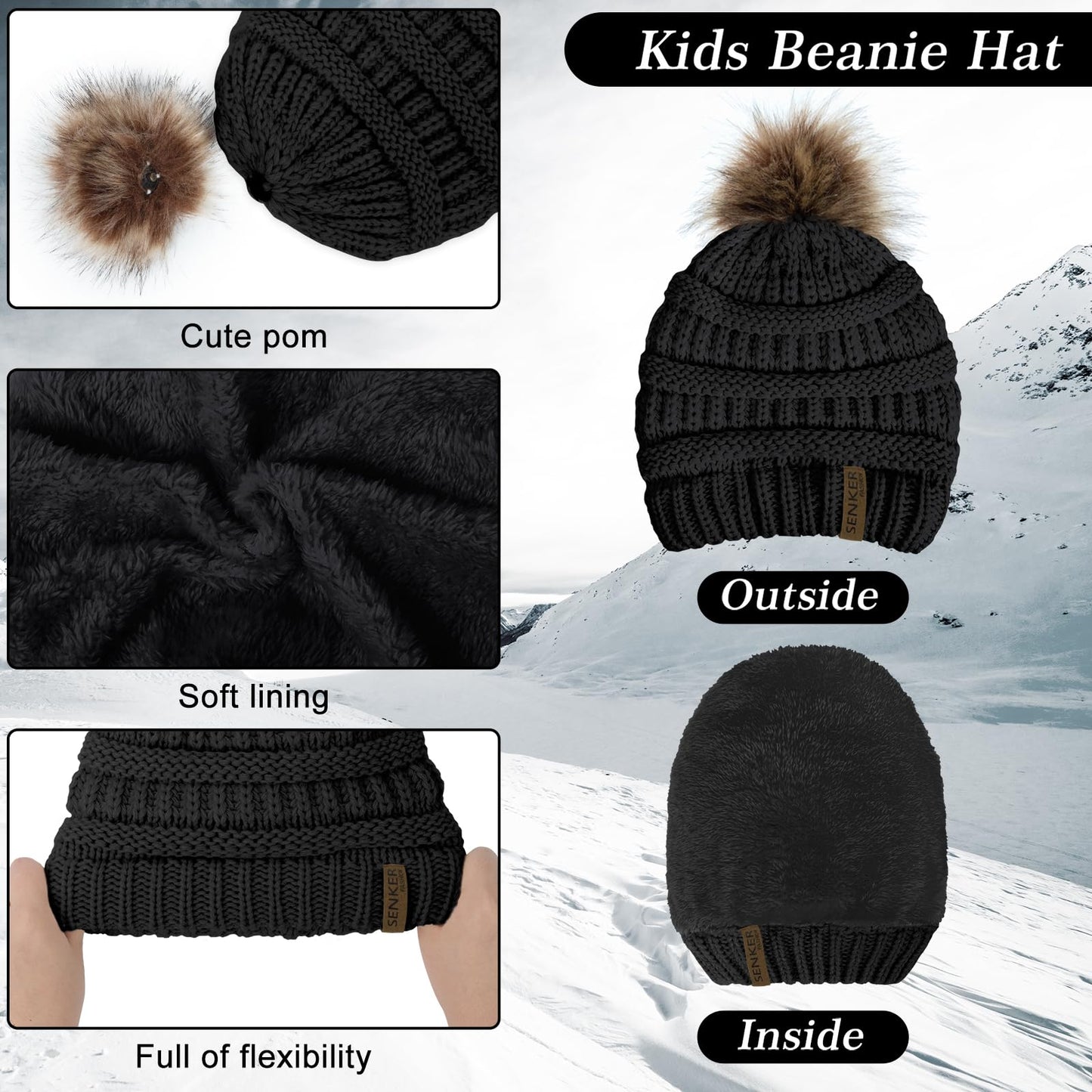 3PCS Kids Winter Hat Scarf Gloves Set Knit Thick Warm Toddler Pompom Beanie Neck Warmer for Girls Boys