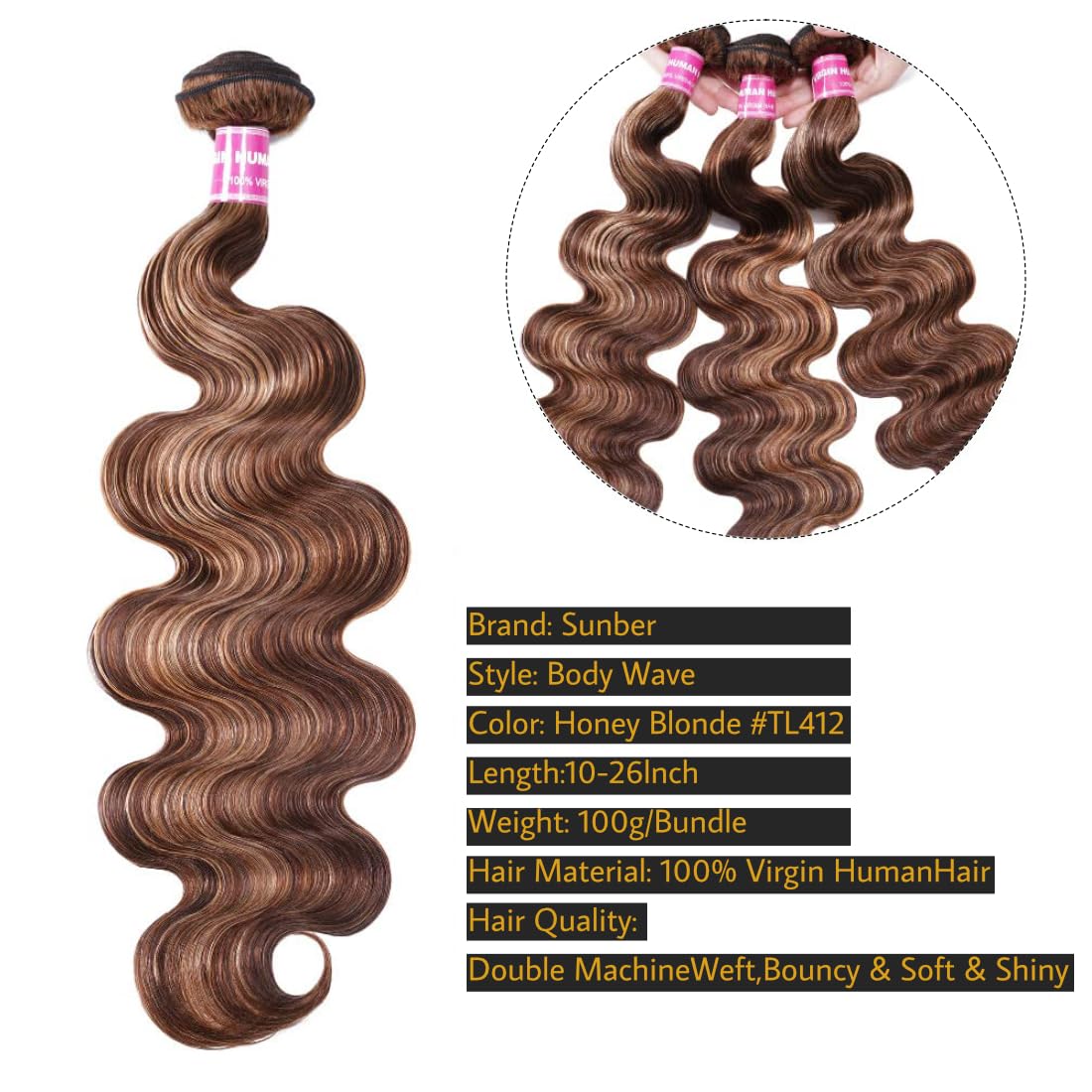 Sunber TL412 Honey Blonde Highlight Body Wave Human Hair Weave 3 Bundles for Women,12A Brazilian Remy Human Hair Bundles Balayage Colored (10” 12” 14”) Inch Human Hair Weave Sew in Extension