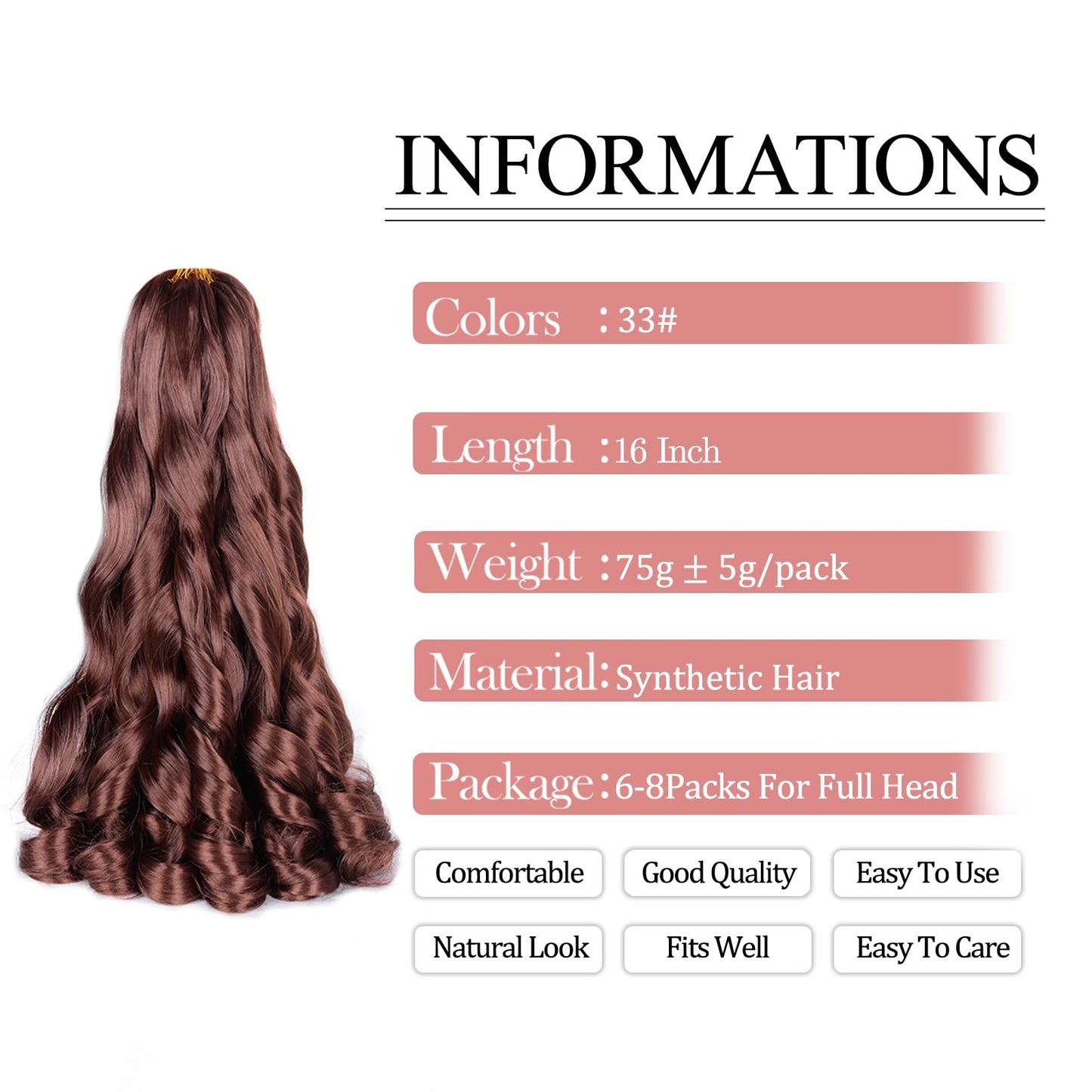 French Curl Braiding Hair 16 Inch Curly Braiding Hair Pre Stretched 75g/pack 33# French Curl Crochet Braids Synthetic Bouncy Braiding Hair Curly Ends for Women Hair Extensions (16inch,8 packs,33#)