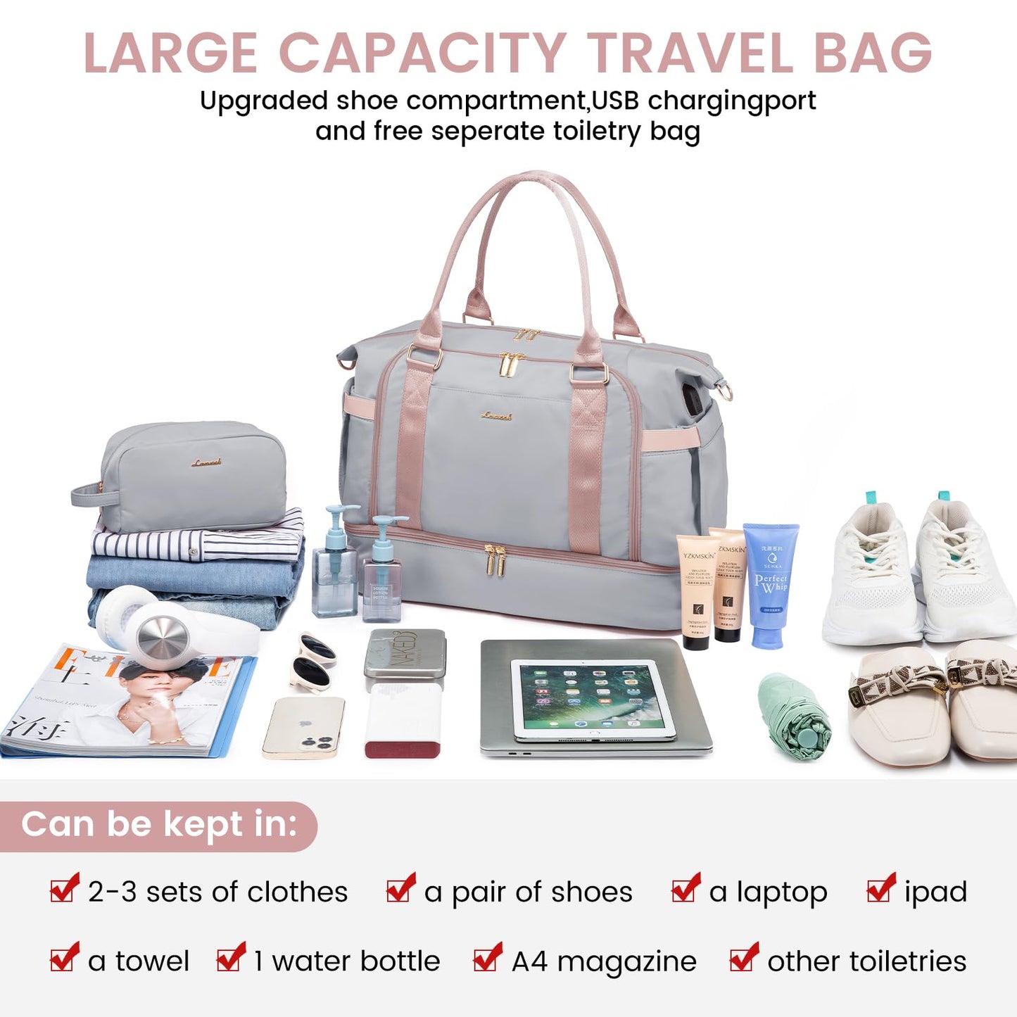 Gym Bag for Women LOVEVOOK Travel Duffel Bag with USB Charging Port,Weekender Bags for Women with Shoe Compartment,Carry on Overnight Bag with Toiletry Bag,Hospital Bags for Labor and Deliver