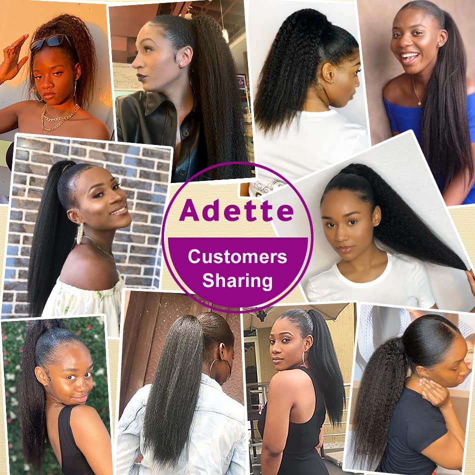 Adette 12 Inch Kinky Straight Human Hair Ponytail Glueless Drawstring Ponytails Extension Yaki Straight Clip in Hair Extensions for Black Women Natural Black Remy Hair