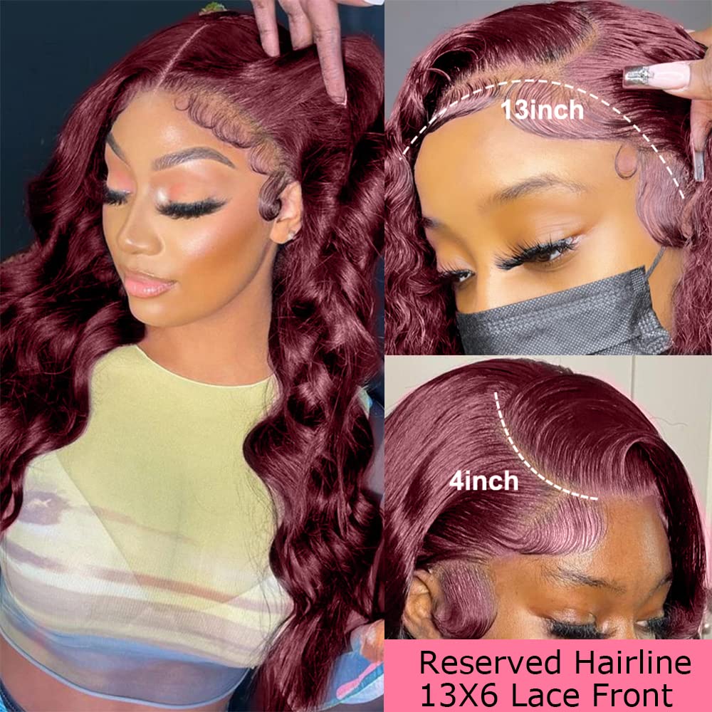 250% Density 32 Inch 99J Burgundy Lace Front Human Hair Wig With Baby Hair Pre Plucked 13x4 Body Wave HD Transparent Lace Frontal for Women Glueless
