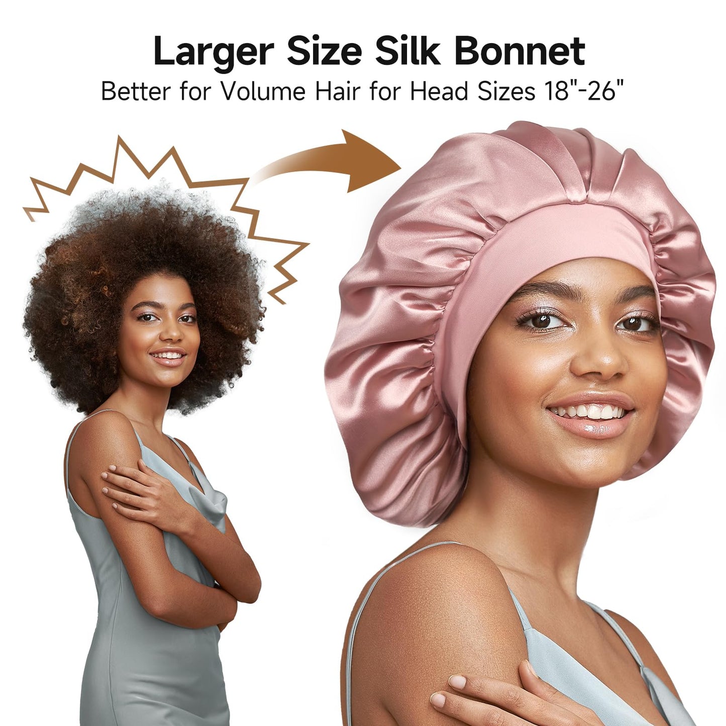 Umisleep 22 Momme 100% Real Mulberry Silk Bonnet for Sleeping Women, Large Hair Care Bonnet for Long Curly Hair, Double Layer Silk Hair Wrap with Soft Elastic Band, Non-Slip Sleep Cap, Pink