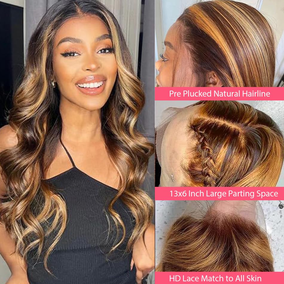24 Inch Highlight Ombre Blonde Lace Front Wig Human Hair Pre Plucked 13x6 HD Transparent Lace Front Wig 4/27 Brown Highlight Honey Blonde Lace Frontal Wigs Ombre Blonde Human Hair Wigs for Women