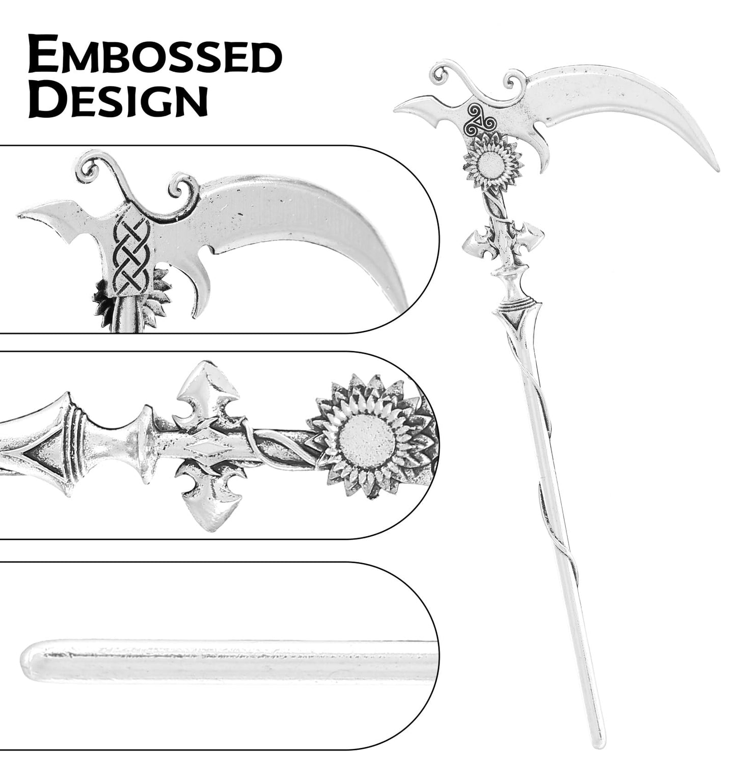 2pcs Sunflower Reaper Scythe Hair Styling Pins Black Wicca Witch Hair Slide Renaissance Festival Hair Acceossories for Women Hair Stick Antique Silver Plated